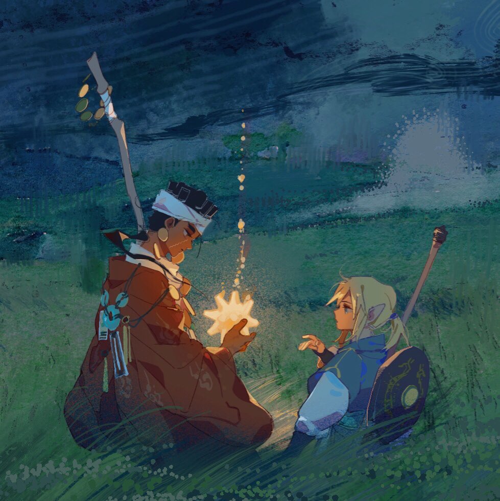 2boys blue_shirt coat coin_(ornament) commentary crossover earrings english_commentary field flower from_behind glowing grass hand_up headband height_difference holding jewelry jojo_no_kimyou_na_bouken layered_sleeves link long_hair long_sleeves looking_at_another male_focus mohammed_avdol mr_sangel multiple_boys nature necklace night night_sky nintendo outdoors pointy_ears ponytail profile red_coat robe shield shield_on_back shirt short_hair short_over_long_sleeves short_sleeves sidelocks sky stardust_crusaders the_legend_of_zelda turtleneck weapon weapon_on_back white_robe white_shirt