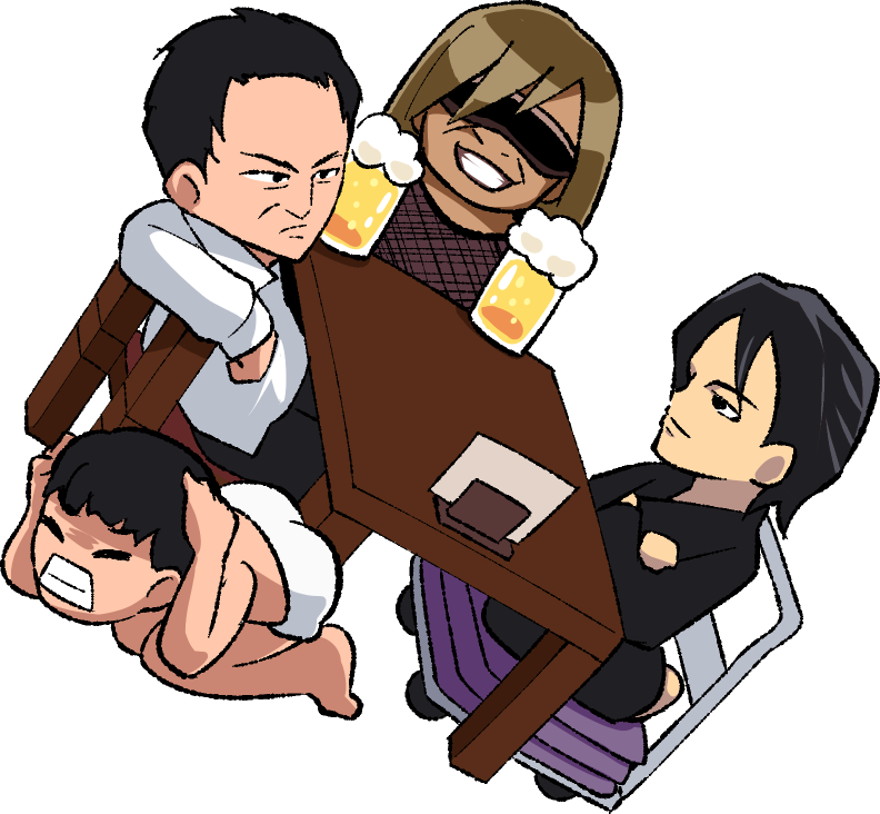 4boys alcohol beer beer_mug black_eyes black_hair black_kimono black_pants bowing brown_hair chair cho_cola_star closed_mouth cup frown full_body grin gyakutai_ojisan hide_(acceed) hirano_gengorou japanese_clothes kimono looking_at_another male_focus manatsu_no_yo_no_inmu mug multiple_boys napkin napkin_holder pants seiza shirt short_bangs short_hair simple_background sitting smile sunglasses table takuya_(acceed) transparent_background v-shaped_eyebrows white_shirt