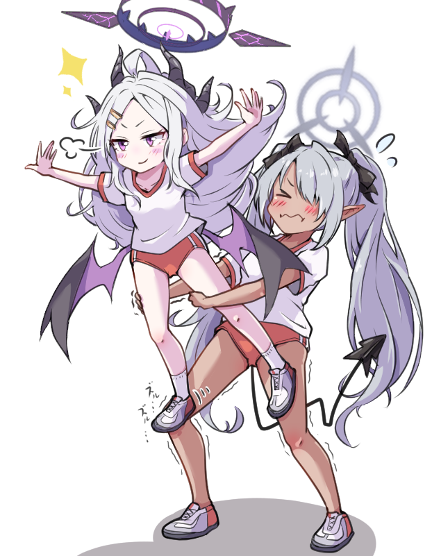 &gt;_&lt; 2girls :t ahoge blue_archive bow buruma carrying carrying_person collarbone dark-skinned_female dark_skin demon_girl demon_horns demon_tail demon_wings forehead full_body grey_halo gym_shirt hair_bow hair_ornament hair_over_one_eye hair_ribbon hairclip halo heavy hina_(blue_archive) horns iori_(blue_archive) long_hair mosuke1221 multiple_girls outstretched_arms parted_bangs pointy_ears purple_eyes purple_halo red_buruma ribbon shirt shoes short_sleeves sidelocks simple_background smile smug sneakers socks sparkle spread_arms standing t-shirt tail trembling twintails v-shaped_eyebrows wavy_hair white_background white_hair white_shirt white_socks wings