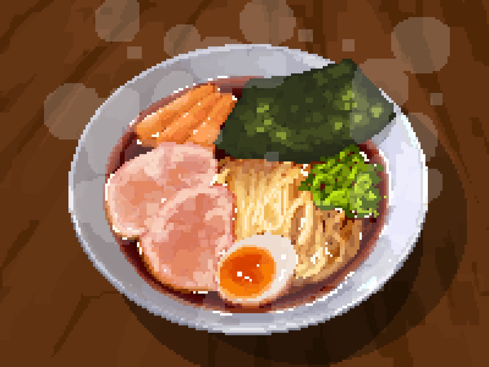 cutlet food food_focus heimuer highres hisachan55cute jirou_(ramen) katsu_(food) no_humans noodles on_table original pixel_art scenery seaweed simple_background softboiled_egg steaming_food table wooden_table youtiao