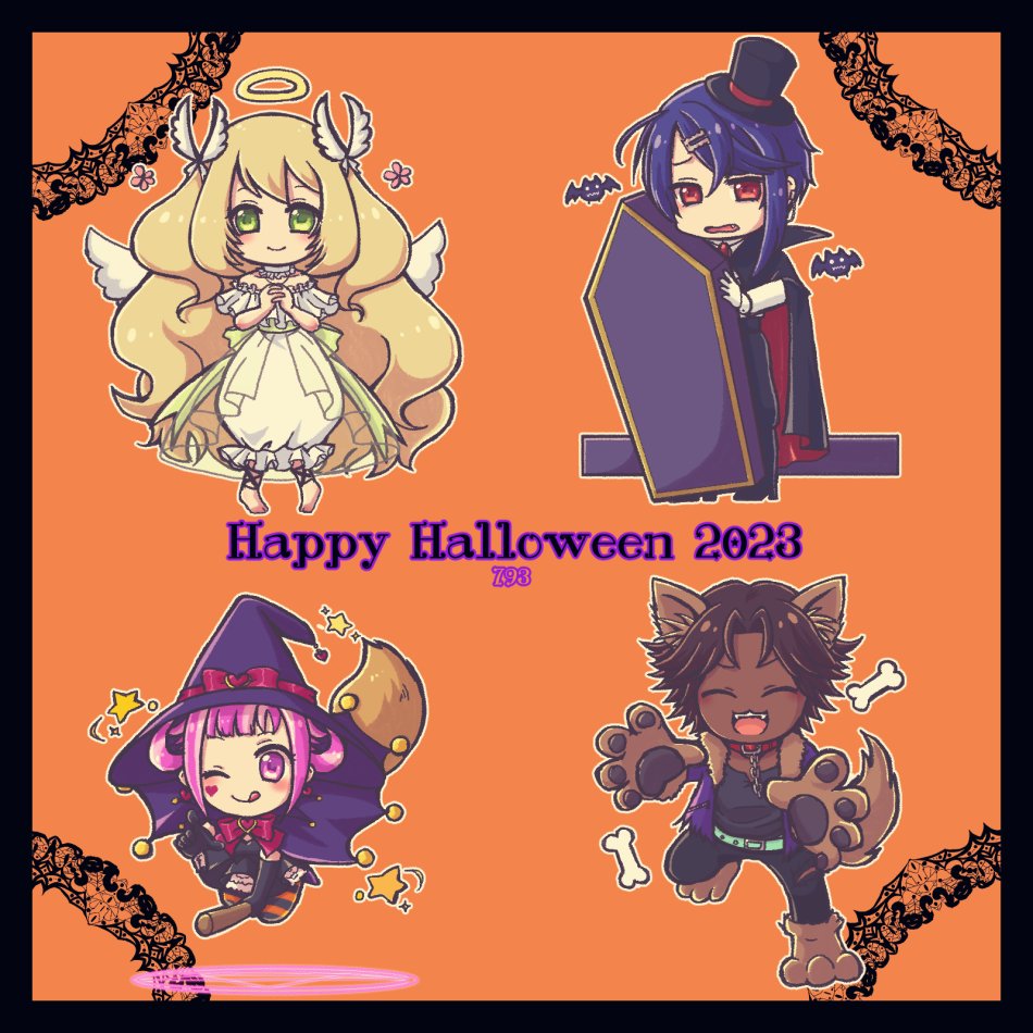 2023 2boys 2girls 793_(oo793oo) ;p alcryst_(fire_emblem) angel angel_wings animal_ears animal_hands bare_shoulders barefoot bat_(animal) black_cape black_headwear black_pants black_shirt blonde_hair bone broom broom_riding brown_hair cape celine_(fire_emblem) chain chibi choker coffin dark-skinned_male dark_skin dog_ears dog_paws dog_tail dress facial_mark fire_emblem fire_emblem_engage fogado_(fire_emblem) full_body gloves green_eyes hair_ornament halloween halloween_costume halo happy_halloween hat heart heart_facial_mark holding_coffin hortensia_(fire_emblem) interlocked_fingers jacket long_hair looking_at_viewer multiple_boys multiple_girls nintendo one_eye_closed open_clothes open_jacket open_mouth orange_background own_hands_clasped own_hands_together pants paw_gloves pink_eyes pink_hair purple_cape purple_hair purple_headwear red_choker red_eyes shirt short_hair smile star_(symbol) tail tongue tongue_out vampire_costume very_long_hair white_dress white_wings wings witch_hat