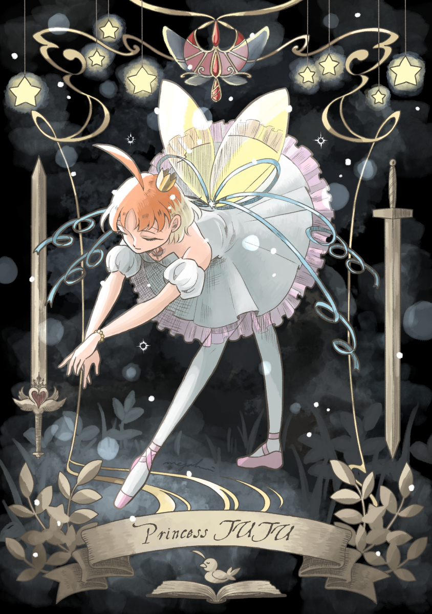 ahiru_(duck)_(princess_tutu) ahiru_(princess_tutu) ahoge ballerina bare_shoulders black_background book character_name closed_eyes closed_mouth copyright_name crown dress fairy_wings full_body gold_crown huge_ahoge leaning_forward megahmi mini_crown multicolored_hair multiple_swords open_book orange_hair pantyhose princess_tutu princess_tutu_(character) short_hair star_(symbol) sword two-tone_hair weapon white_dress white_pantyhose wings
