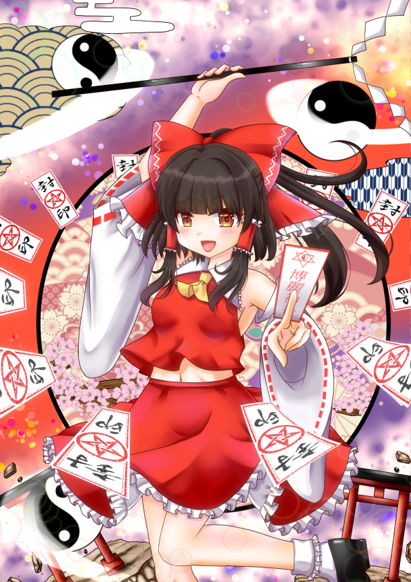 1girl :d ascot between_fingers black_hair black_shoes brown_hair cherry_blossoms circle collar commentary_request detached_sleeves egasumi floating_rock fog foot_out_of_frame frilled_skirt frills gohei hair_tubes hakurei_reimu hand_up holding holding_gohei knees light_blush light_particles long_hair midriff multiple_torii navel nyaw ofuda ofuda_between_fingers open_mouth orb ponytail red_shirt red_skirt shirt shoes skirt smile socks solo torii touhou white_collar white_sleeves white_socks yellow_ascot yin_yang yin_yang_orb