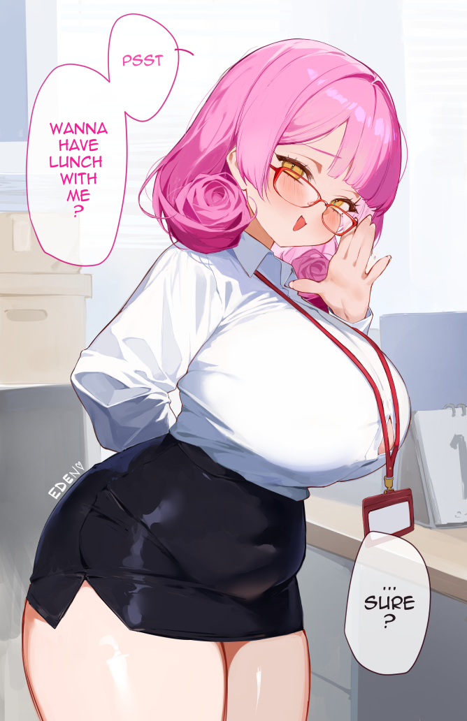 1girl black_skirt blush breasts button_gap commentary eden_(shiroki_yuutsu) english_commentary english_text flower-shaped_hair glasses huge_breasts lanyard looking_at_viewer medium_hair open_mouth original pink_hair plump shirt skirt smile solo thighs vanilla_(eden_(shiroki_yuutsu)) white_shirt yellow_eyes