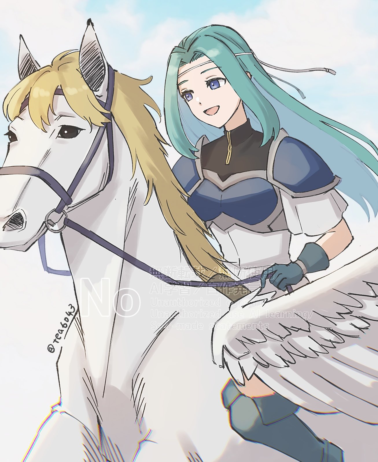 1girl :d aqua_hair armor artist_name blonde_hair blue_eyes blue_sky breastplate cloud commentary_request fiora_(fire_emblem) fire_emblem fire_emblem:_the_blazing_blade harness highres horseback_riding long_hair nintendo open_mouth pauldrons pegasus riding shoulder_armor sky smile solo tea6043 watermark