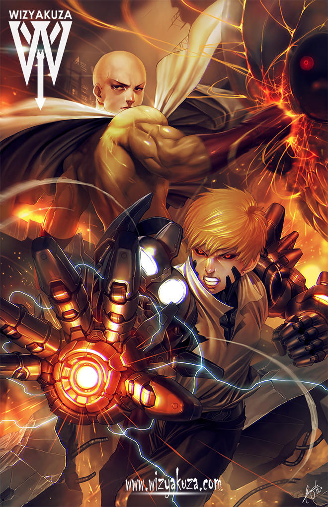 2boys artist_logo artist_name bald black_eyes black_sclera blonde_hair bodysuit cape clenched_hand clenched_teeth closed_mouth colored_sclera commentary cyborg english_commentary genos gloves logo long_sleeves male_focus multiple_boys one-punch_man orange_eyes red_gloves saitama_(one-punch_man) short_hair signature superhero_costume teeth watermark web_address white_cape wizyakuza yellow_bodysuit