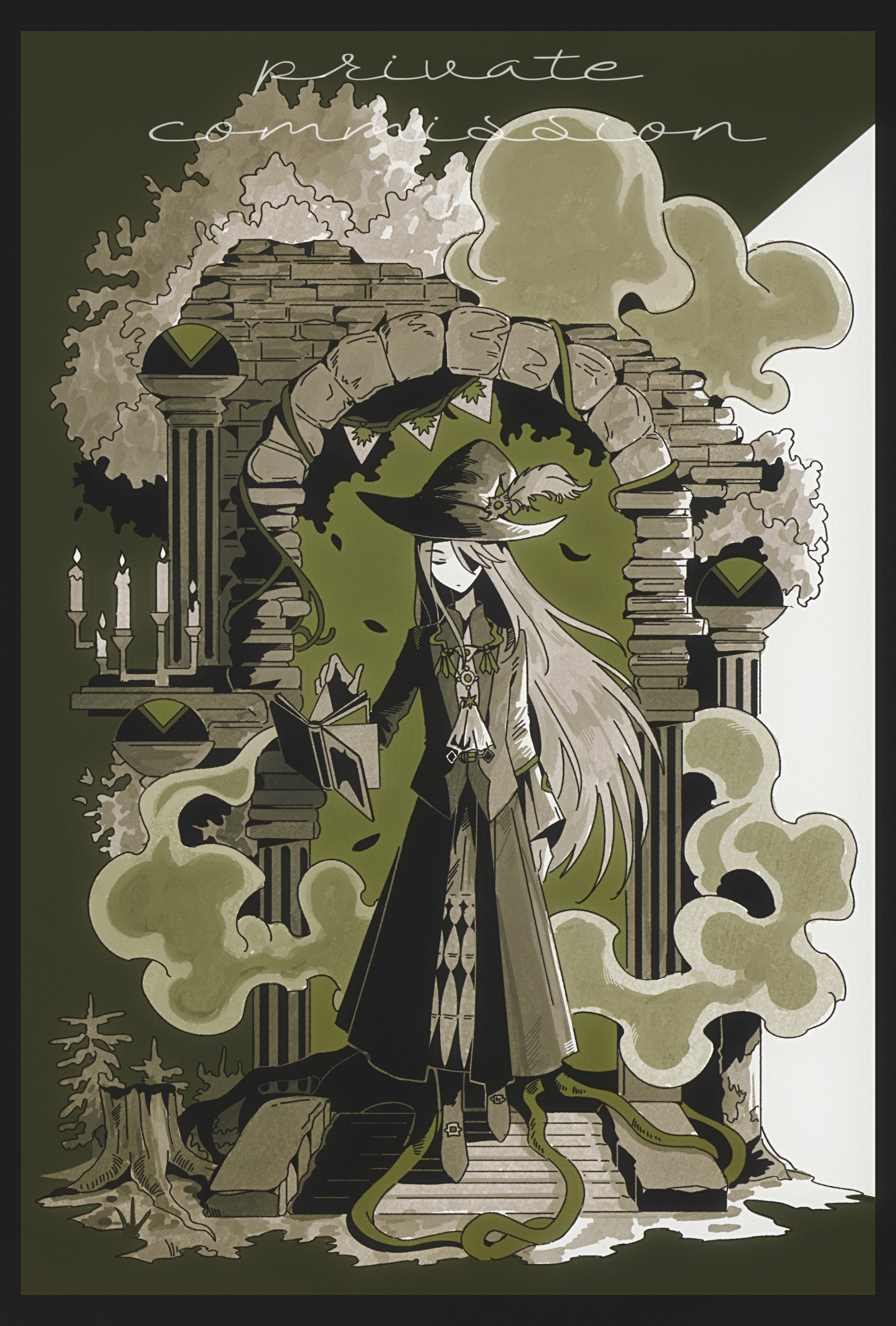 1girl absurdres black_boots black_hat black_jacket black_skirt book boots candelabra candle candlestand character_request closed_eyes closed_mouth commentary_request commission copyright_request english_text full_body green_theme grey_hair hair_over_one_eye hat highres jacket lifop long_hair long_sleeves shirt skirt white_shirt