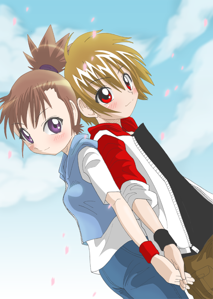 00s 1boy 1girl back-to-back blonde_hair brown_hair couple digimon digimon_tamers dutch_angle hetero holding_hands hood hoodie makino_ruki matsuda_takato petals ponytail purple_eyes red_eyes riza23 smile zipper