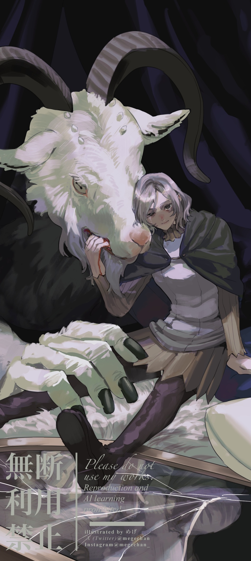 1boy artist_name black_eyes black_footwear blood blood_on_hands boots broken_mirror cloak commentary_request crying curtains demon dungeon_meshi elf empty_eyes english_text expressionless giant goat goat_horns gorget green_cloak grey_hair hand_in_another&#039;s_mouth high_collar highres hood hooded_cloak horizontal_pupils horns medium_hair mege_(megechan) mirror mithrun mixed-language_text notched_ear pointy_ears reflection sitting swept_bangs tears thigh_boots translation_request tunic twitter_username uneven_eyes uniform white_tunic