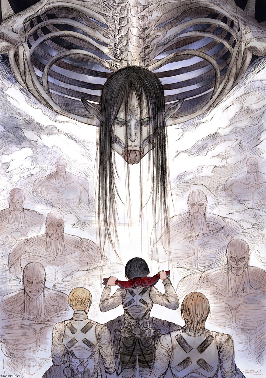 1girl 2boys armin_arlert battle black_hair eren_yeager facial_hair founding_titan from_behind goatee highres jean_kirstein long_hair looking_at_viewer male_focus mikasa_ackerman monster_boy multiple_boys pointy_ears rainbuniart red_scarf scarf scene_reference serious shingeki_no_kyojin skeleton skull smoke spoilers teeth titan_(shingeki_no_kyojin) wall_titan