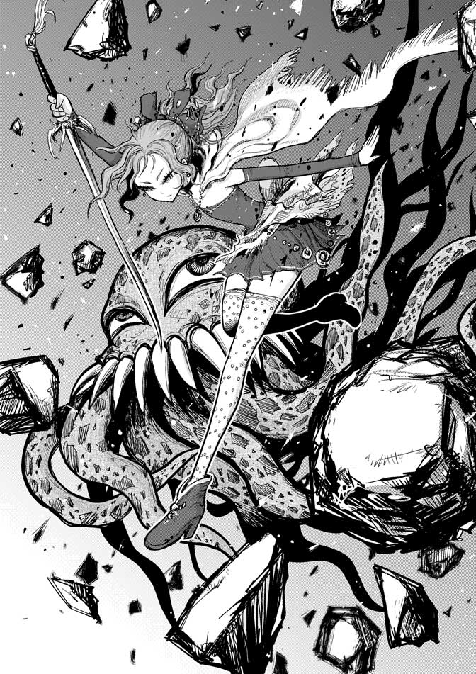 1990s_(style) cape final_fantasy final_fantasy_vi greyscale hair_ribbon jumping monochrome nakayama_atsushi octopus ultros ribbon rock shoes sword tentacles thighhighs tina_branford weapon