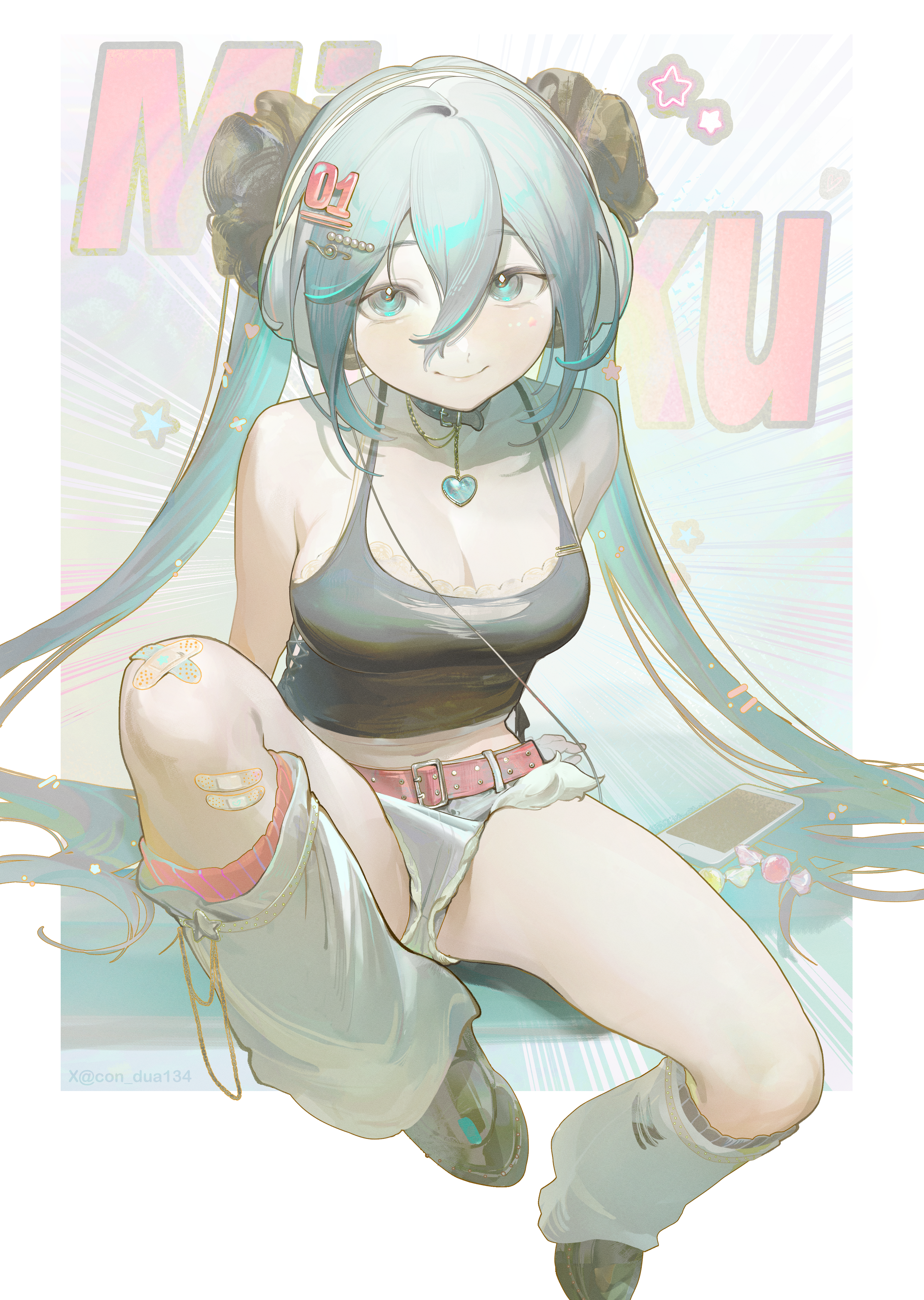 1girl absurdres alternate_costume aqua_eyes aqua_hair arm_support bandaid bandaid_on_knee bandaid_on_leg bare_shoulders belt_buckle belt_collar black_camisole blush bra bra_peek bra_strap breasts buckle camisole candy cellphone character_name chi_trinh cleavage collar commentary cross-laced_clothes denim denim_shorts food grey_panties grey_shorts hair_between_eyes hatsune_miku headphones heart_pendant highres knee_up large_breasts leg_warmers long_hair long_hair_between_eyes long_sidelocks looking_at_viewer musical_staff navel panties panty_peek phone shoes short_shorts shorts sidelocks sitting smartphone smile solo spread_legs thighs twintails twitter_username underwear upshorts very_long_hair vocaloid white_bra white_leg_warmers