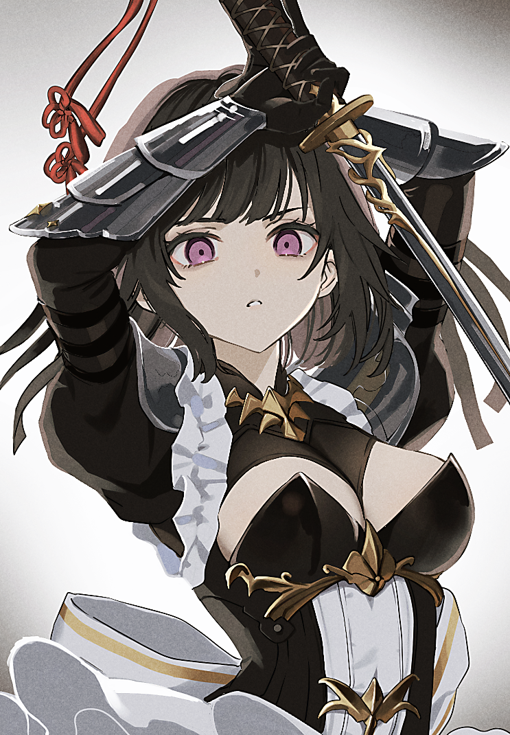 1girl armor back_bow black_dress black_gloves black_hair blunt_bangs bow bracer breasts cleavage dress frilled_dress frills gloves holding holding_sword holding_weapon katana knight long_sleeves looking_at_viewer maid medium_breasts medium_hair purple_eyes shadowverse shoulder_armor simple_background siotanikun sketch solo sumeragi_erika_(shadowverse) sword tsuba_(guard) upper_body weapon white_background