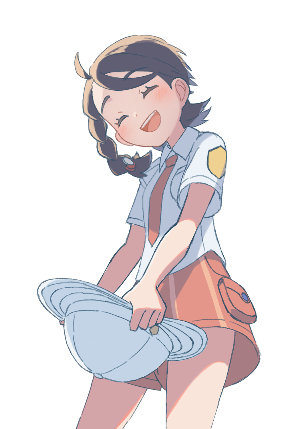 1girl :d ahoge braid breast_pocket closed_eyes collared_shirt commentary_request eyelashes happy hat highres holding holding_unworn_clothes holding_unworn_hat juliana_(pokemon) necktie nintendo open_mouth orange_necktie orange_shorts pocket pokemon pokemon_sv shirt shorts simple_background smile solo suimoku_(hzdg5322) teeth unworn_hat unworn_headwear upper_teeth_only white_background white_shirt
