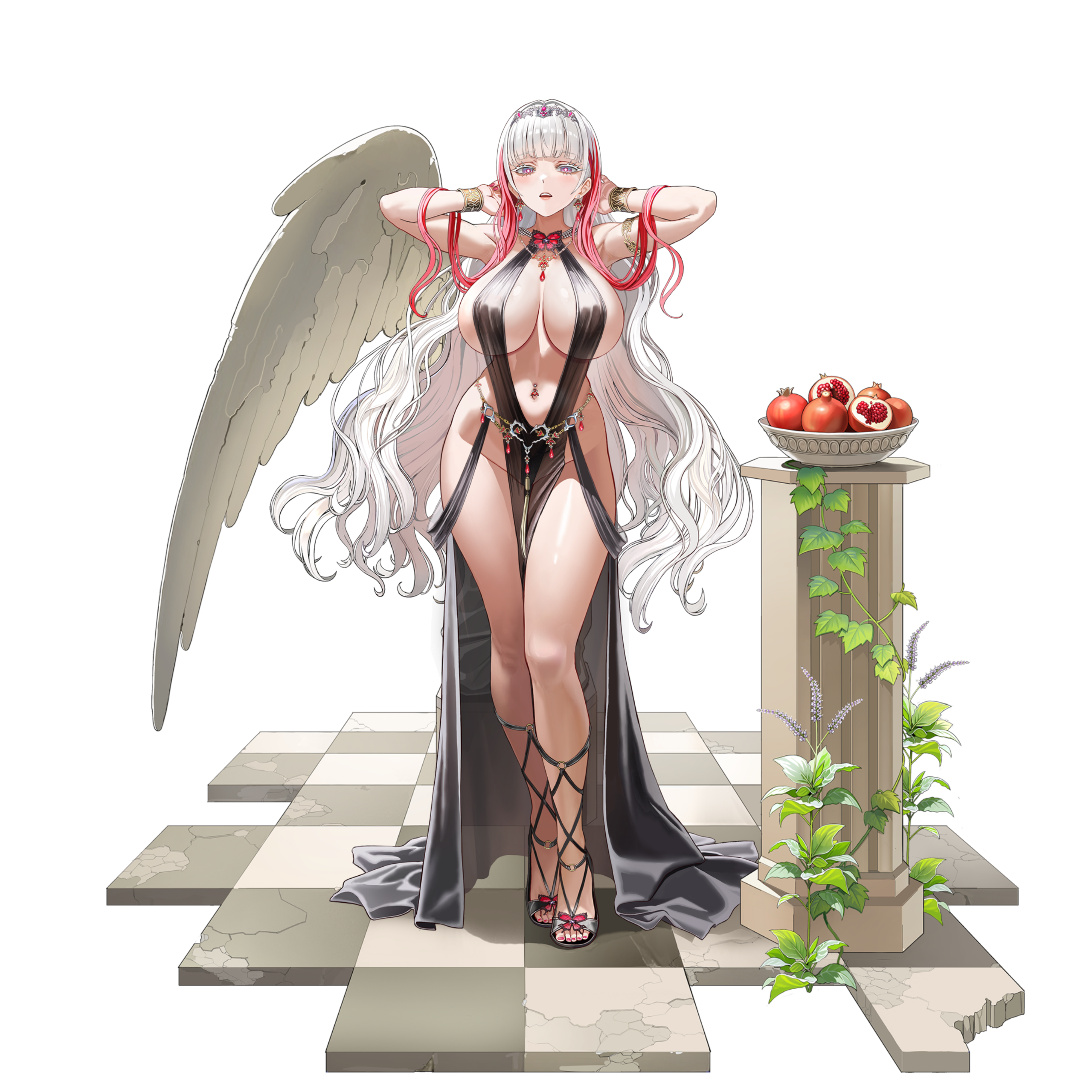 1girl absurdres angel_statue angel_wings armpits arms_behind_head belt black_dress bracelet breasts breasts_apart bright_pupils butterfly_necklace center_opening checkered_floor circlet colored_eyelashes column cross-laced_sandals dress earrings eternity_(last_origin) food fruit fruit_bowl full_body gem gold_armlet gold_bracelet gradient_eyes halter_dress halterneck highres huge_breasts ivy jewelry last_origin linea_alba lips long_dress long_hair looking_at_viewer multicolored_eyes multicolored_hair nail_polish navel navel_piercing necklace non-web_source o-ring o-ring_footwear official_alternate_costume official_art parted_lips pelvic_curtain piercing pillar pomegranate purple_eyes purple_gemstone red_gemstone red_hair red_nails revealing_clothes see-through_clothes see-through_dress simple_background single_wing solo standing stone_floor streaked_hair tachi-e taesi teeth toenail_polish toenails transparent_background two-tone_hair upper_teeth_only white_eyelashes white_hair white_pupils wings