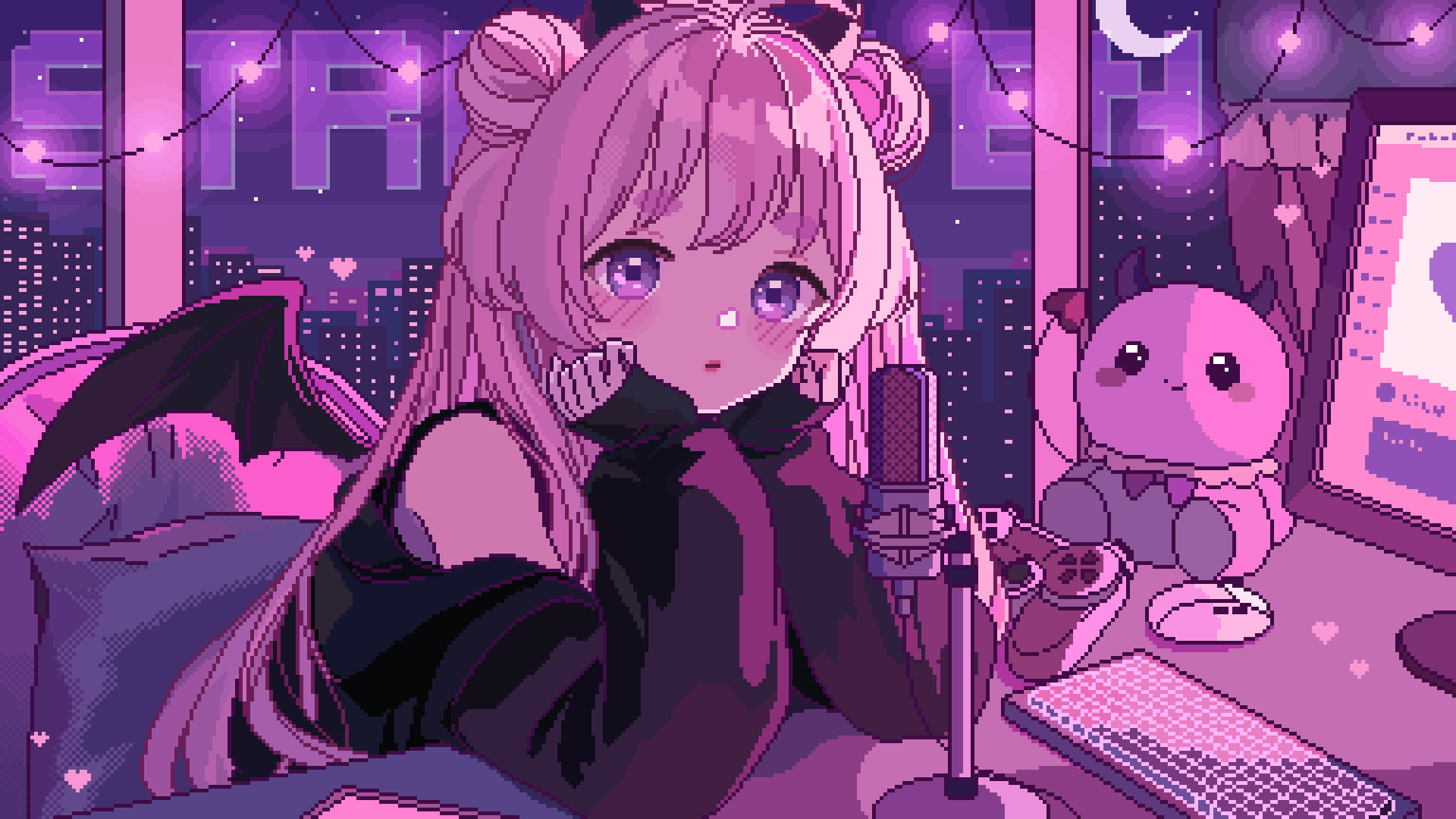 bat_wings blush building chair character_request city closed_mouth commission computer computer_keyboard controller desk_microphone double_bun game_controller gamepad hair_bun heart highres indie_virtual_youtuber lips long_hair long_sleeves looking_at_viewer microphone monitor night night_sky pillow pink_eyes pink_hair pink_theme short_eyebrows shusi_(6muuu3) sidelocks sitting sky stuffed_toy upper_body virtual_youtuber wings wispy_bangs