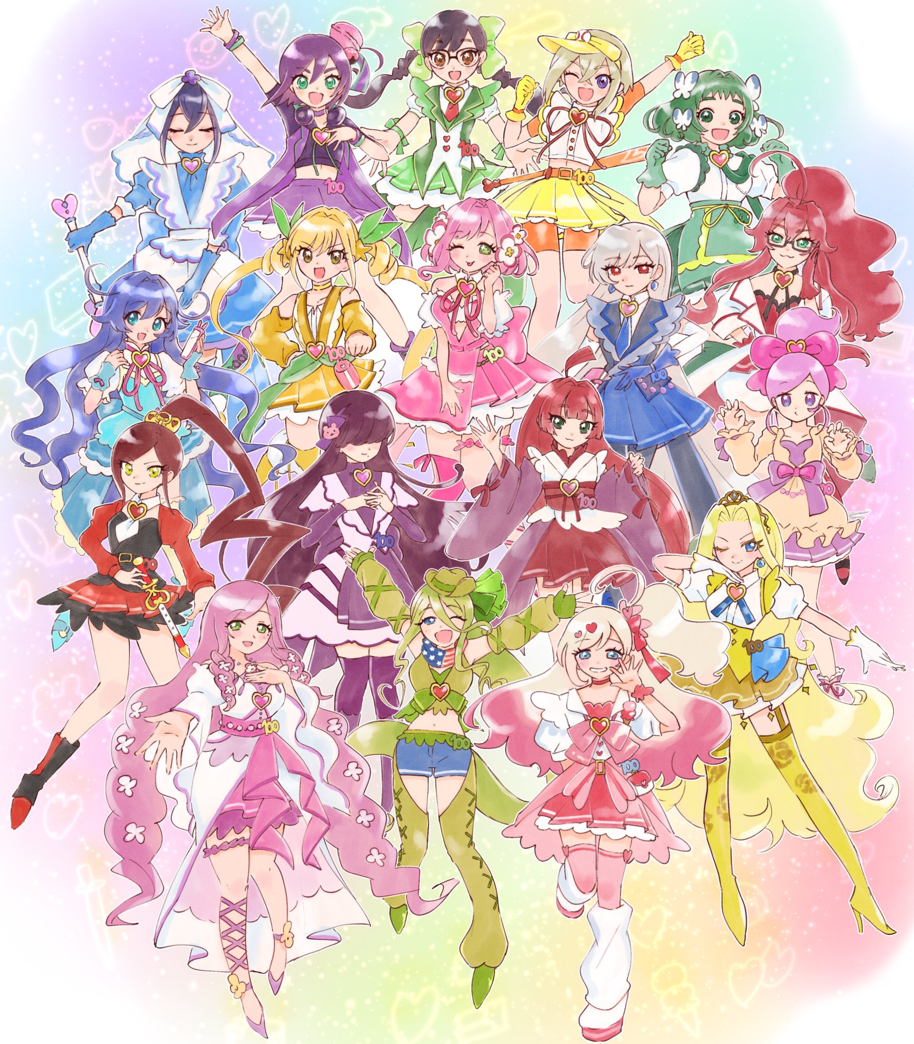 6+girls alternate_costume brooch eiai_nano food-themed_hair_ornament groping_motion hair_ornament hanazono_hahari hanazono_hakari haraga_kurumi heart heart_brooch highres holding holding_wand iin_chiyo inda_karane jewelry kakure_meme kedarui_aashii kimi_no_koto_ga_dai_dai_dai_dai_daisuki_na_100-nin_no_kanojo macaron_hair_ornament magical_girl meido_mei momi_momiji multiple_girls oyomidtarumi parody precure sutou_iku torotoro_kishika utsukushisugi_mimimi wand yakuzen_kusuri yakuzen_kusuri_(older) yakuzen_yaku yamato_nadeshiko_(hyakkano) yasashiki_yamame yoshimoto_shizuka