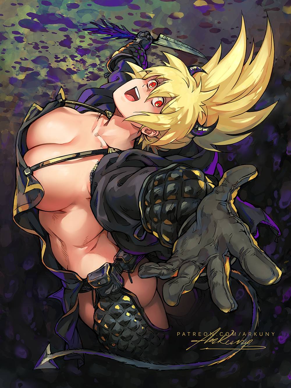 1girl apron arkuny black_apron black_gloves blonde_hair breasts cleavage collarbone demon_girl demon_horns demon_tail dorohedoro gloves highres holding holding_knife horns knife large_breasts looking_at_viewer nearly_naked_apron nikaidou_(dorohedoro) ponytail red_eyes revealing_clothes small_horns solo tail watermark web_address