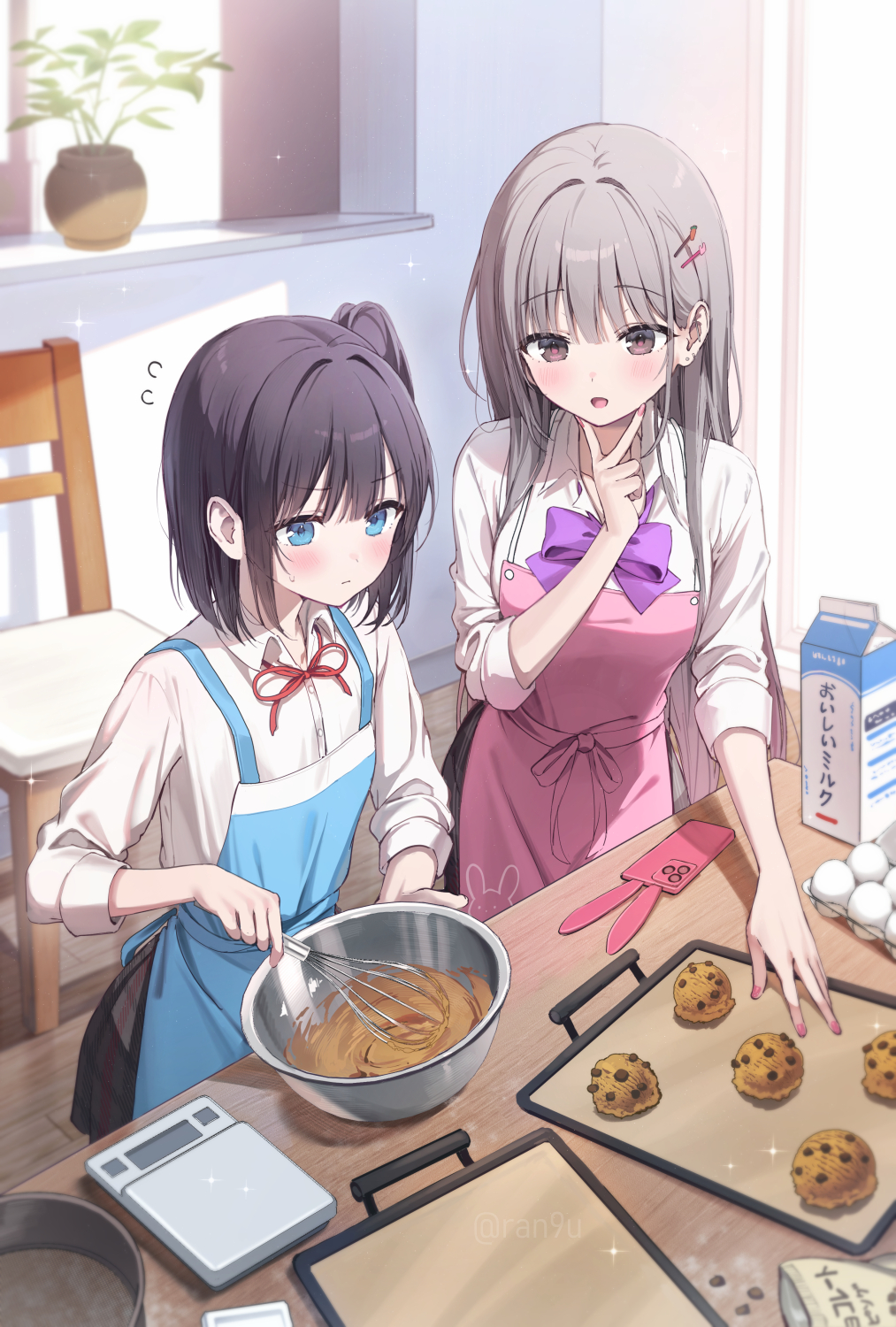 2girls apron black_hair black_skirt blue_apron blue_eyes closed_mouth collared_shirt flying_sweatdrops food grey_eyes grey_hair hair_ornament hairclip highres indoors long_hair looking_at_another multiple_girls neck_ribbon nekouhai_(rangu) open_mouth original pink_apron rangu red_ribbon ribbon shirt short_hair skirt standing usagyaru_(rangu) white_shirt