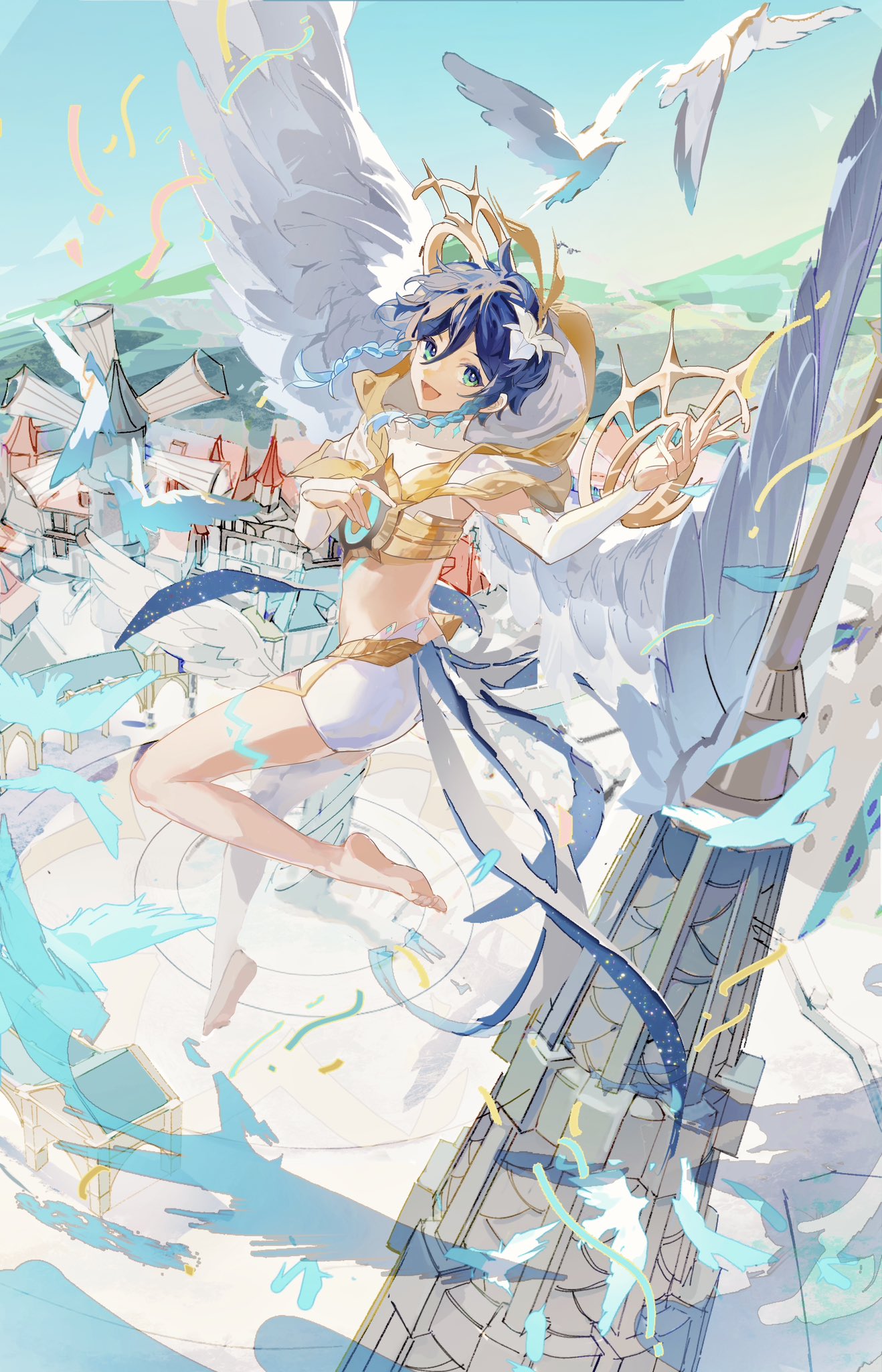 1boy :d barefoot bird black_hair blue_hair blue_sky braid bridal_gauntlets building capelet chest_tattoo commentary_request confetti crop_top day dove feathered_wings feet fihasel floating floating_hair genshin_impact gradient_hair green_eyes hair_between_eyes highres hood hooded_capelet house leg_tattoo looking_at_viewer male_focus medium_hair mondstadt_city multicolored_hair official_alternate_costume open_mouth outdoors shirt short_shorts shorts side_braids single_thighhigh sky smile solo statue streamers tattoo thighhighs twin_braids venti_(archon)_(genshin_impact) venti_(genshin_impact) white_bridal_gauntlets white_capelet white_shirt white_shorts white_thighhighs white_wings windmill wings