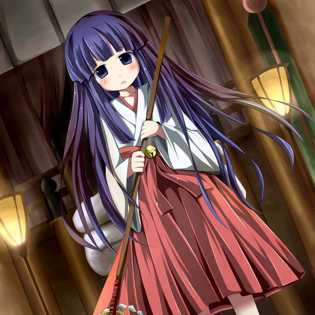 1girl blunt_bangs blush dutch_angle female_focus furude_rika higurashi_no_naku_koro_ni hoe japanese_clothes kazura long_hair miko open_mouth purple_eyes purple_hair solo standing worktool