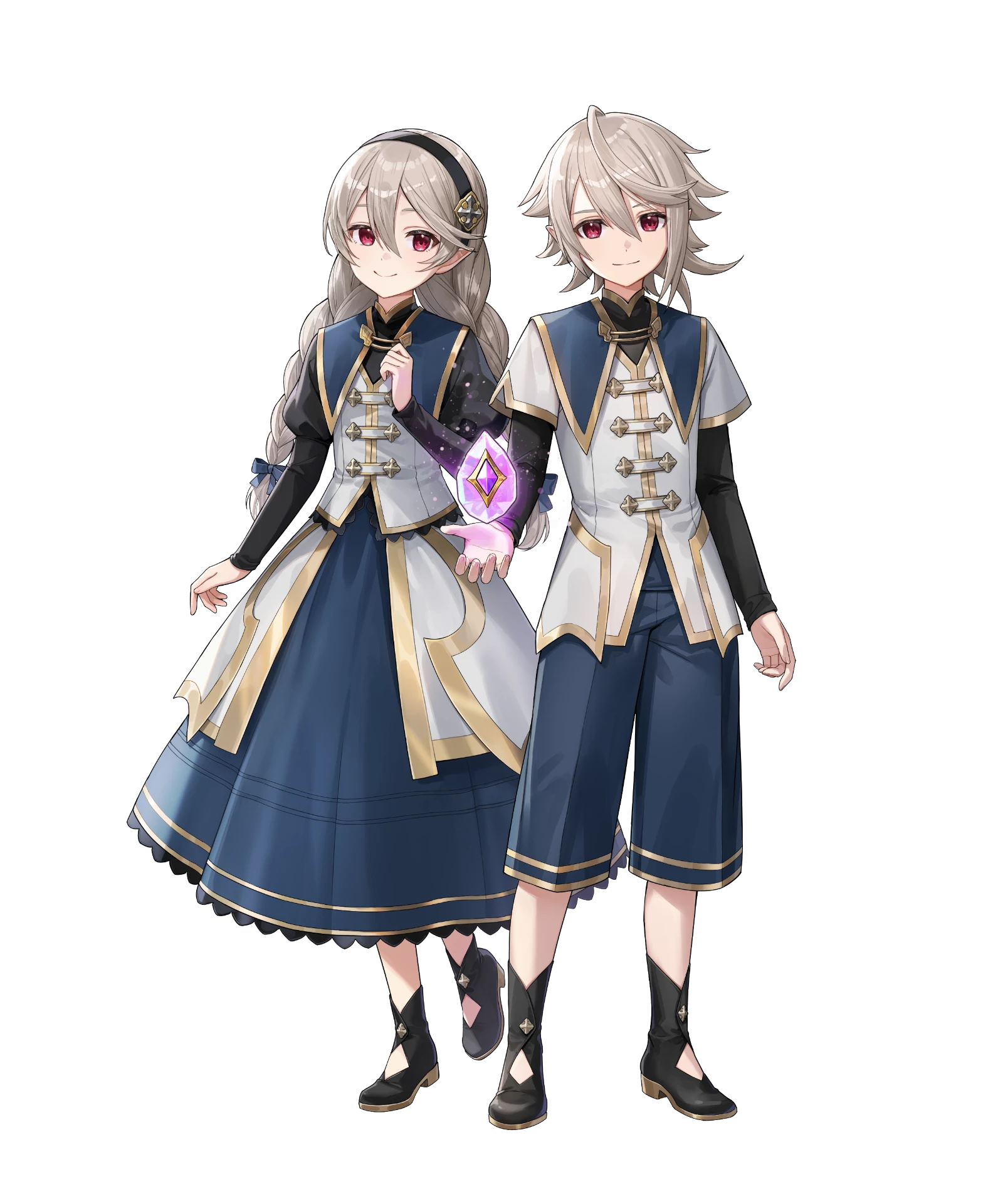 1boy 1girl black_hairband braided_twintails corrin_(female)_(fire_emblem) corrin_(female)_(young_kinship)_(fire_emblem) corrin_(fire_emblem) corrin_(male)_(fire_emblem) corrin_(male)_(young_kinship)_(fire_emblem) dragonstone dual_persona fire_emblem fire_emblem_fates fire_emblem_heroes grey_hair hairband highres looking_at_viewer matching_outfits mirror_twins nintendo non-web_source official_art pointy_ears red_eyes siblings smile tachi-e twins twintails