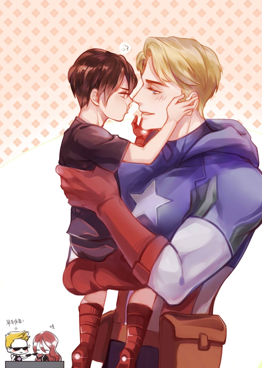 1girl 3boys aged_down animification annoyed arrow_(projectile) avengers_(series) bare_shoulders black_bodysuit black_shirt black_shorts black_tank_top black_widow blonde_hair blue_bodysuit blue_eyes blush bodysuit boots brown_hair captain_america carrying carrying_person child clint_barton closed_eyes closed_mouth commentary covered_collarbone english_commentary gloves hand_on_another&#039;s_face hawkeye_(marvel) highres holding holding_removed_eyewear hood hooded_bodysuit long_hair looking_at_another marvel multiple_boys muscular muscular_male natasha_romanoff pocket red_boots red_gloves red_hair shirt short_hair short_sleeves shorts smile sparkle star_(symbol) star_print steve_rogers sunglasses superhero_costume t-shirt tank_top teeth tony_stark ultimatesue unworn_eyewear v-shaped_eyebrows vertical-striped_bodysuit wavy_hair yaoi