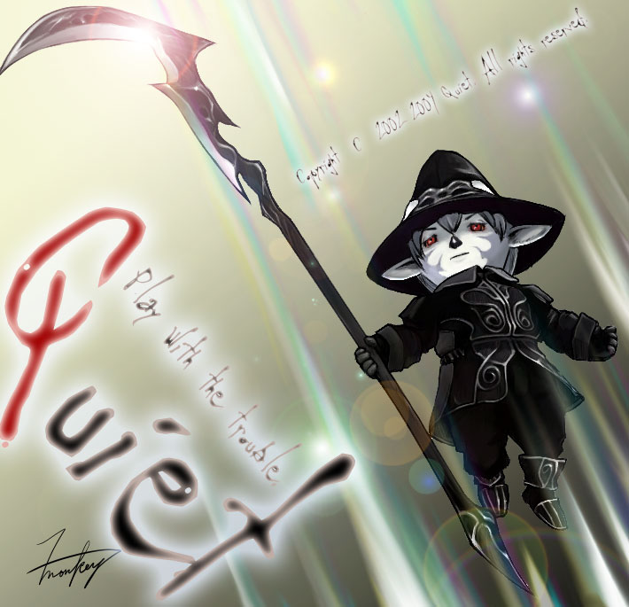 00s androgynous ark_angel ark_angel_tt armor boots clenched_hand collar english_text expressionless final_fantasy final_fantasy_xi full_body gender_request hat holding holding_weapon pointy_ears polearm red_eyes scythe solo tarutaru weapon witch_hat
