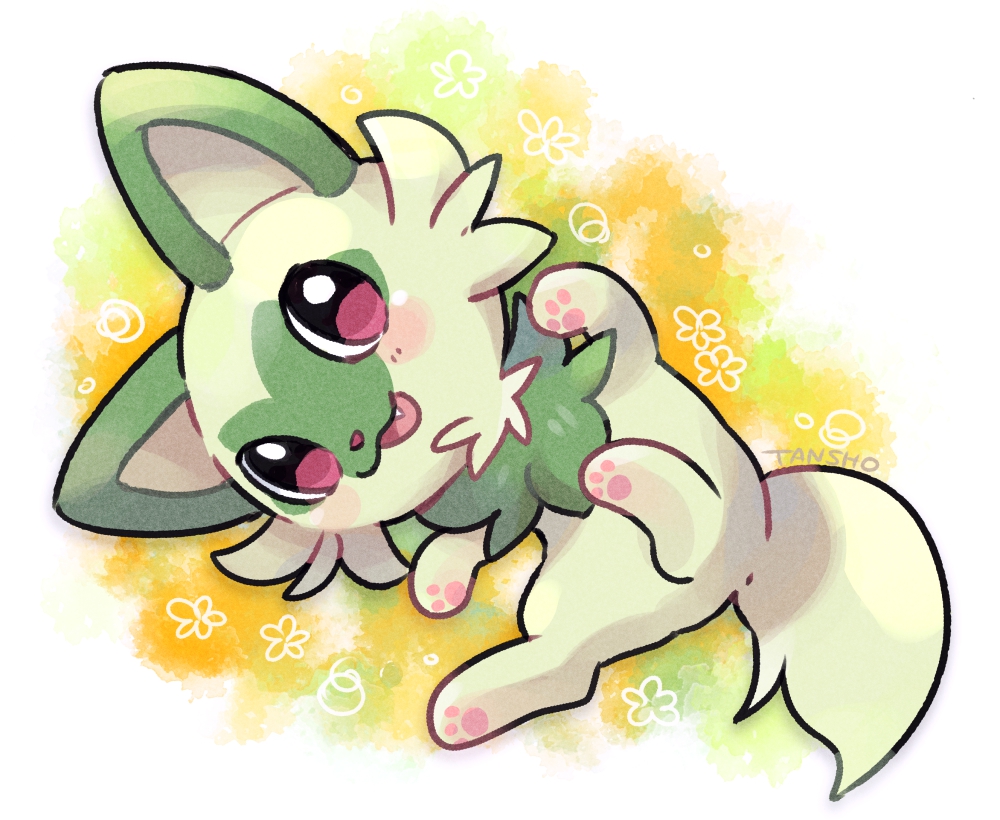 animal_ears animal_hands cat fang looking_at_viewer lying nintendo no_humans on_side open_mouth pawpads pokemon pokemon_(creature) red_eyes sprigatito tail tansho