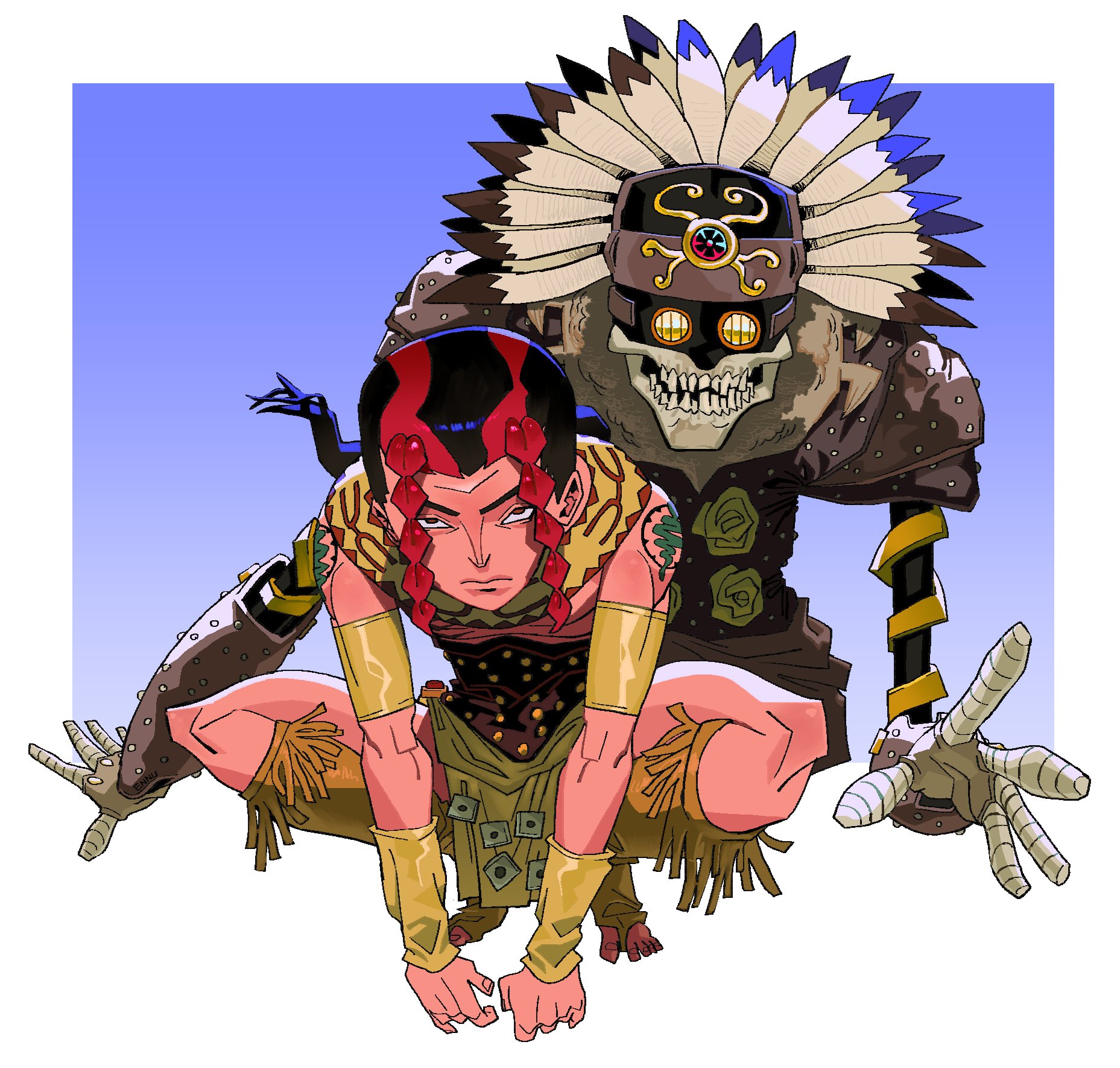1boy arm_warmers armlet black_hair blue_background braid brown_eyes buttons disdain ennuikalart frown hand_up headdress highres in_a_silent_way_(stand) jewelry jojo_no_kimyou_na_bouken looking_at_viewer male_focus mask multicolored_hair native_american native_american_headdress pelvic_curtain ponytail red_hair sandman_(sbr) shoulder_tattoo skirt skull socks squatting stand_(jojo) steel_ball_run stirrup_legwear tassel tattoo toeless_legwear topless_male twin_braids two-tone_hair yellow_eyes yellow_skirt yellow_socks