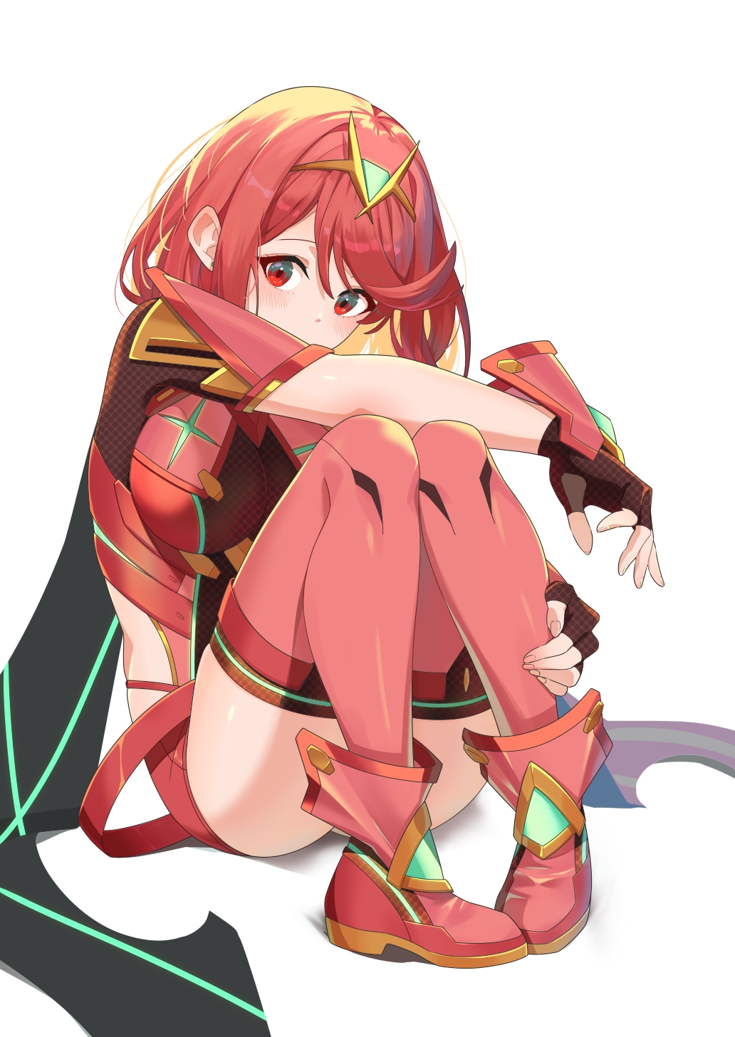1girl bob_cut breasts full_body hehe_jun highres large_breasts pyra_(xenoblade) red_eyes red_hair red_shorts red_thighhighs short_hair shorts simple_background solo swept_bangs thighhighs tiara white_background xenoblade_chronicles_(series) xenoblade_chronicles_2