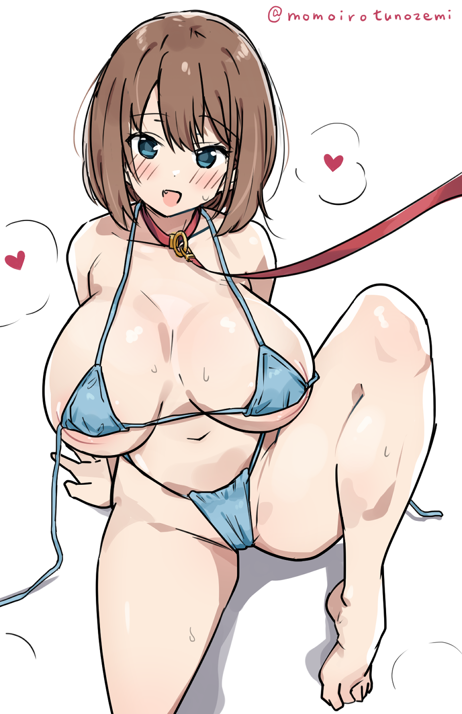 :d areola_slip bikini blue_bikini blush breasts brown_hair covered_erect_nipples fang heart highres large_breasts leash medium_hair momoiro_tunozemi navel open_mouth saki_(manga) simple_background sitting smile swimsuit twitter_username unozawa_shiori untied_bikini_top viewer_holding_leash visible_air white_background