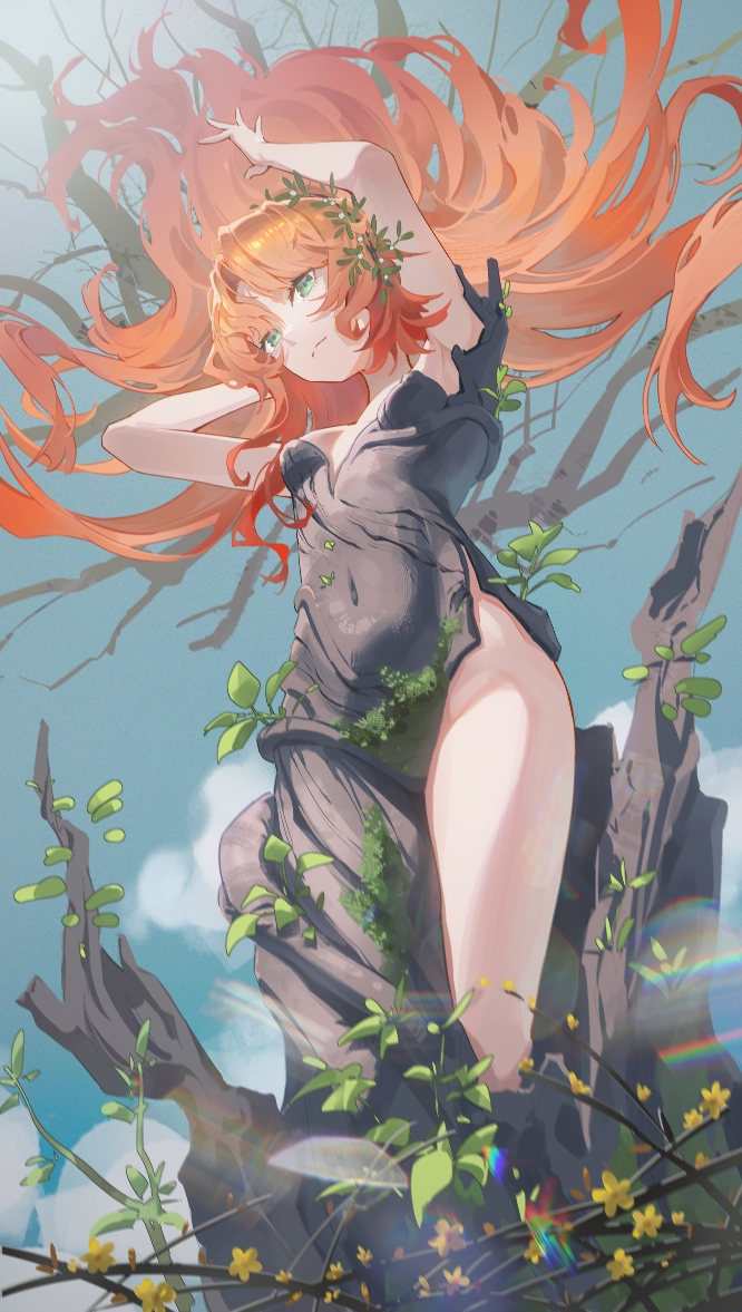 1girl armpits arms_up black_dress blue_sky breasts closed_mouth cloud cowboy_shot dress druvis_iii green_eyes hair_floating_upwards hair_ornament leaf leaf_hair_ornament long_hair looking_up mune_yin&#039;an_hua_hua_de orange_hair reverse:1999 side_slit sky sleeveless sleeveless_dress small_breasts solo tree