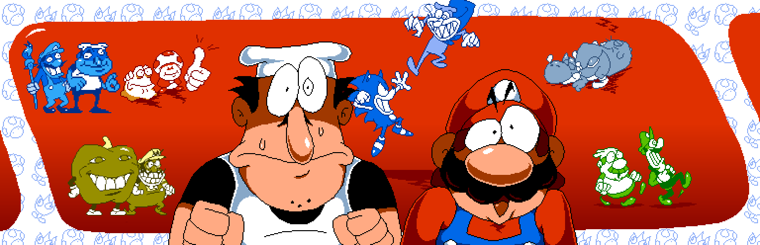 :o black_hair booys brick_(pizza_tower) brown_hair cape chef chef_hat child crossover dinosaur doppelganger facial_hair fake_peppino fangs fighting fire_flower gloves grin gustavo_(pizza_tower) hat hedgehog jgk1356 looking_up luigi mario mario_(series) mushroom_on_head mustache nervous nintendo overalls paintbrush pants pepper_(spice) pepperman peppino_spaghetti pizza_tower plumber running scared sega shadow_mario shirt shoes size_difference sleeping smile socks sonic_(series) sonic_the_hedgehog spiked_hair super_mushroom surprised sweatdrop the_noise the_vigilante thumbs_up toad_(mario) wario yoshi