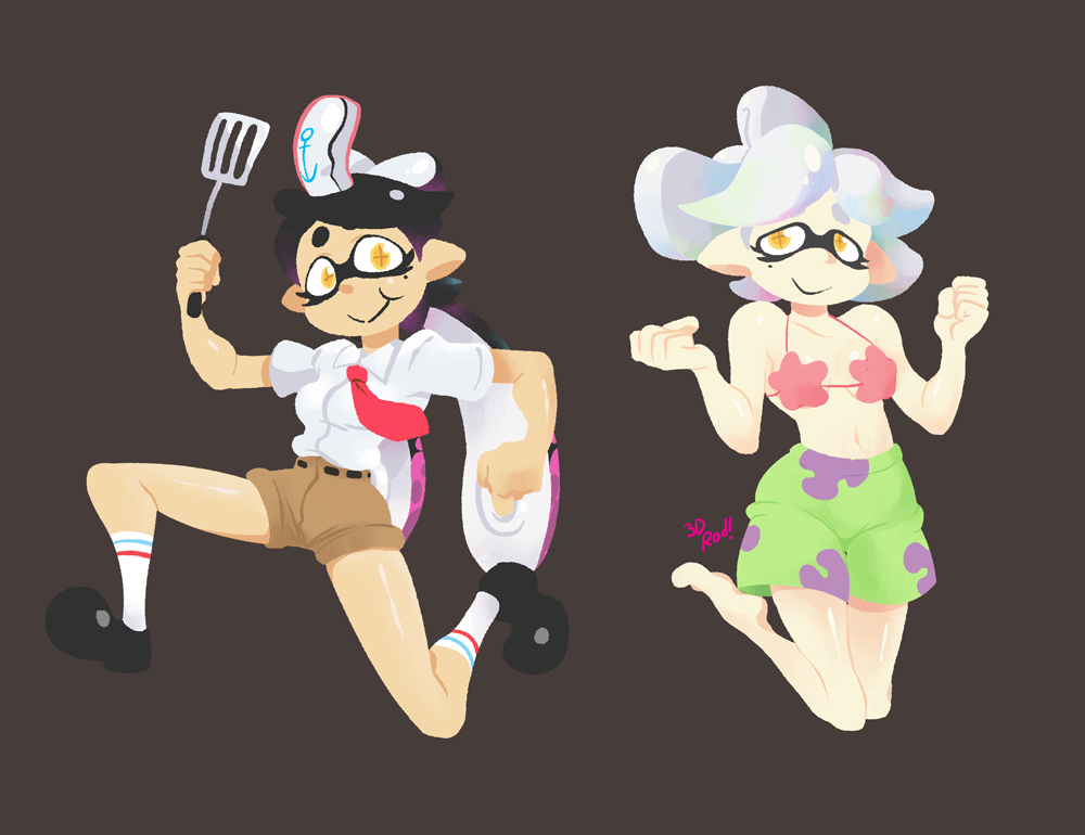 +_+ 2girls 3d_rod! alternate_hairstyle artist_name bikini black_hair callie_(splatoon) cosplay hat inkling marie_(splatoon) multiple_girls necktie nintendo patrick_star patrick_star_(cosplay) pointy_ears ponytail red_necktie short_sleeves shorts smile socks spatula splatoon_(series) splatoon_1 spongebob_squarepants spongebob_squarepants_(cosplay) spongebob_squarepants_(series) swimsuit tan tentacle_hair white_hair yellow_eyes