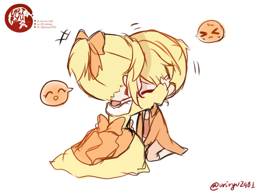 &gt;_&lt; 1boy 1girl ^_^ aku_no_meshitsukai_(vocaloid) aku_no_musume_(vocaloid) allen_avadonia arms_between_legs blonde_hair bow brother_and_sister brown_pants brown_vest chibi choker closed_eyes collared_jacket dress evillious_nendaiki eyelashes frilled_dress frills hair_bow hands_on_another&#039;s_head headpat high_ponytail jacket kagamine_len kagamine_rin kneeling long_sleeves off-shoulder_dress off_shoulder orange_bow orange_choker orange_jacket pants ponytail riliane_lucifen_d&#039;autriche short_ponytail siblings sidelocks smile spoken_expression teasing twins twitter_username updo ur1ryu vest wavy_mouth wide_sleeves yellow_dress