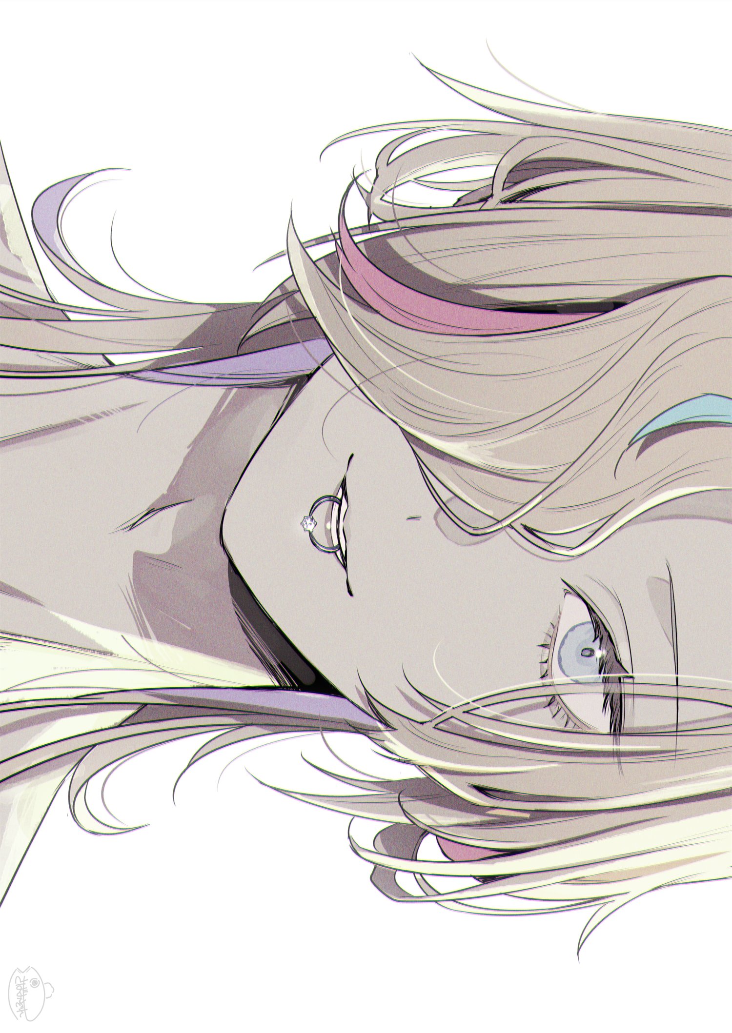 1boy bishounen blue_hair close-up grey_eyes hair_over_one_eye highres holostars jewelry looking_at_viewer male_focus medium_hair mouth_hold multicolored_hair one_eye_covered pink_hair portrait purple_hair ring sideways simple_background smile solo straight-on streaked_hair teeth tsukana_(saba_mizore) unworn_ring utsugi_uyu virtual_youtuber white_background white_hair