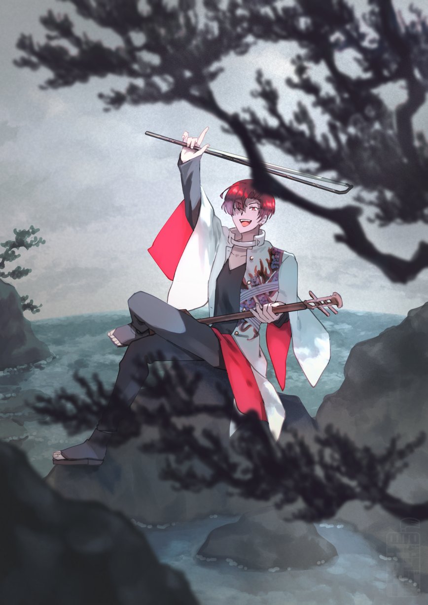 1boy ;d arm_up black_pants black_sandals black_shirt blurry bow_(music) coat crossed_legs depth_of_field dragon_print earrings fate/grand_order fate_(series) full_body grey_sky hair_over_one_eye highres holding holding_bow_(music) holding_instrument index_finger_raised instrument jewelry kokyuu layered_sleeves long_sleeves looking_at_viewer male_focus on_rock one_eye_closed open_clothes open_coat open_mouth pants pine_tree red_eyes red_hair rock sandals shirt short_hair sitting sky sleeves_past_wrists smile solo takasugi_shinsaku_(fate) takasugi_shinsaku_(first_ascension)_(fate) teeth teria_(teriarian) tree upper_teeth_only v-neck water white_coat