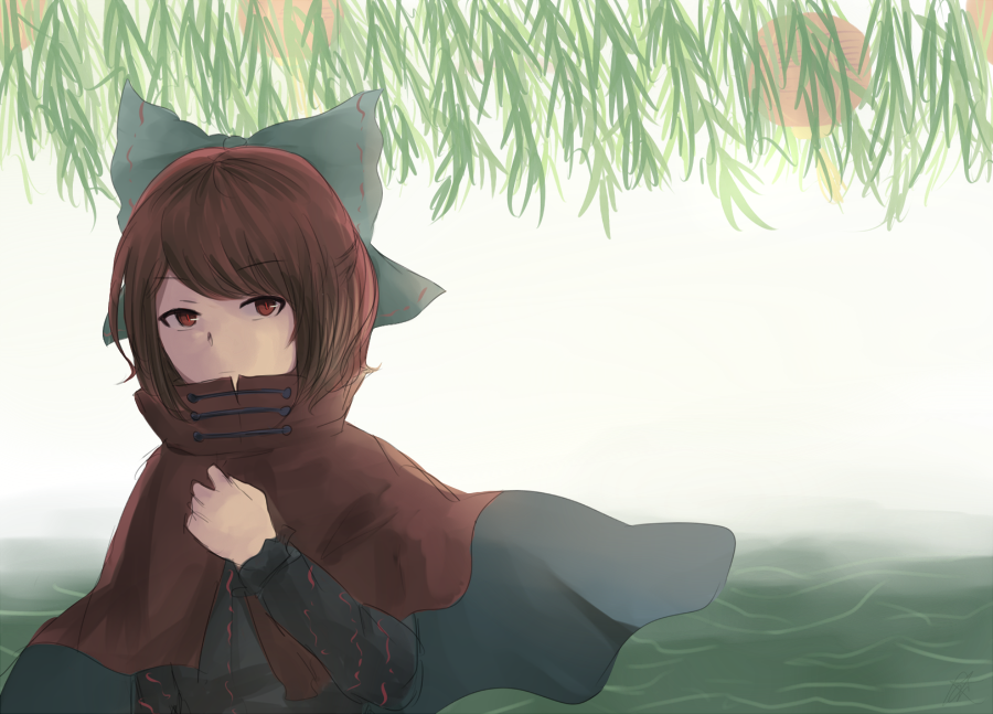 1girl black_shirt bow cape expressionless female_focus fog hair_bow hand_up khylimei lantern long_sleeves looking_at_viewer paper_lantern red_eyes red_hair red_pupils sekibanki shirt short_hair solo touhou upper_body willow