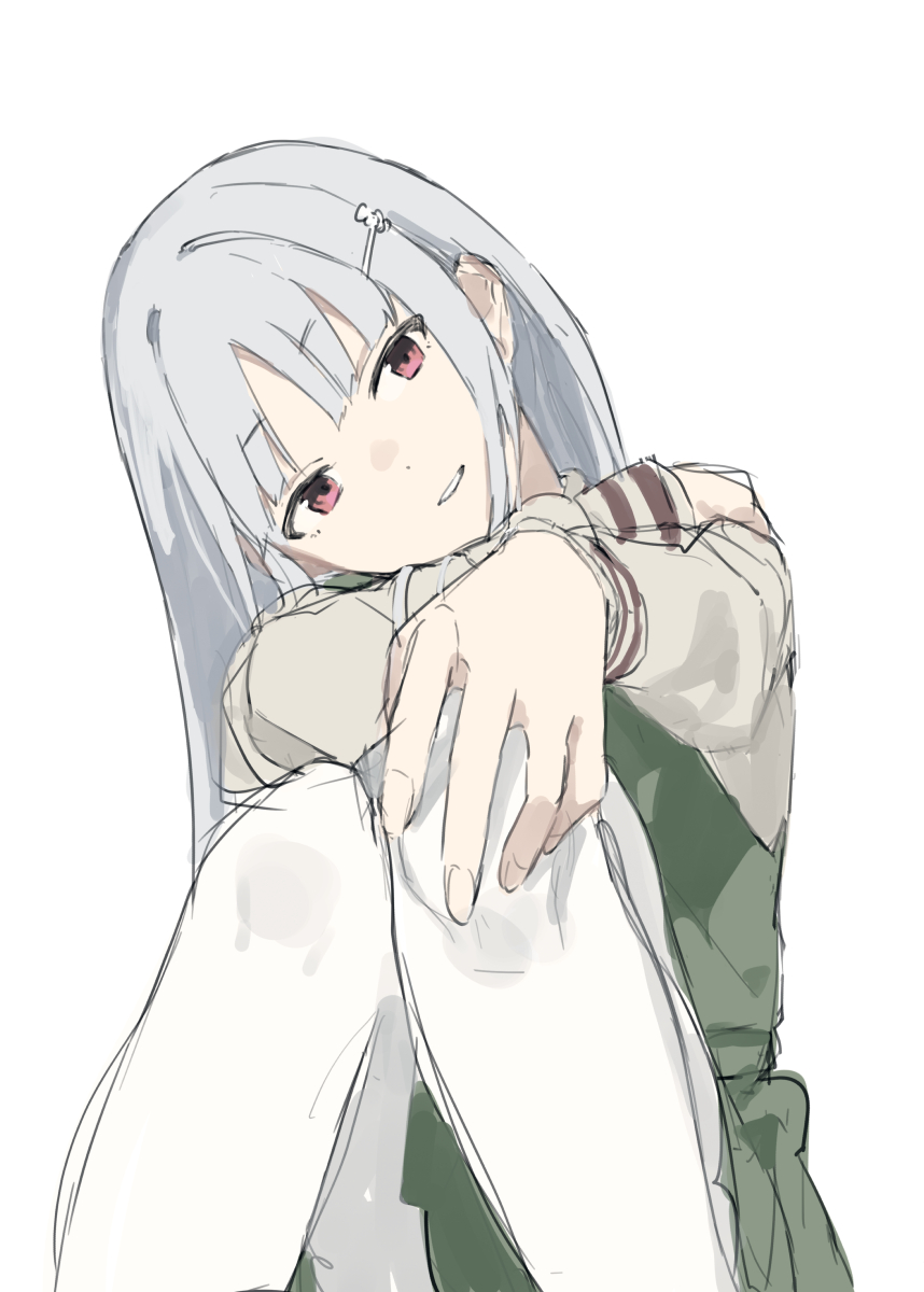 1girl alternate_hair_length alternate_hairstyle brown_shirt cevio commentary dress feet_out_of_frame green_dress hair_ornament hairclip hand_on_own_knee head_tilt highres hitogome knees_up koharu_rikka light_smile long_hair long_sleeves looking_at_viewer pantyhose parted_lips pinafore_dress pink_eyes shirt short_dress simple_background sitting sketch sleeveless sleeveless_dress solo symbol-only_commentary synthesizer_v white_background white_pantyhose