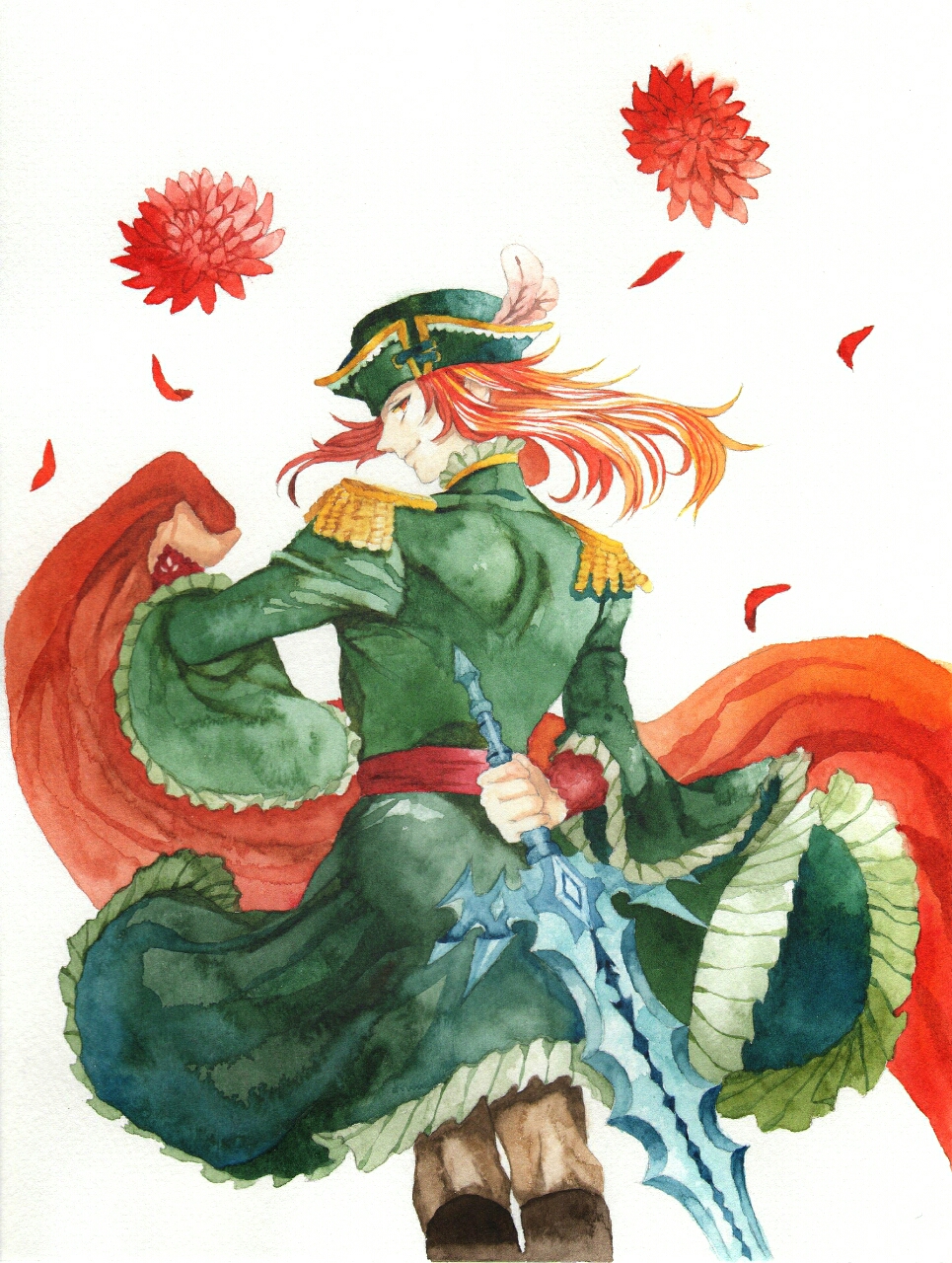 1boy arm_behind_back epaulettes fire_emblem fire_emblem:_the_sacred_stones flower from_behind green_headwear green_skirt ha_(nhgch87) hat_feather highres holding holding_sword holding_weapon joshua_(fire_emblem) long_hair looking_at_viewer male_focus nintendo petals red_eyes red_flower red_hair skirt smile solo standing sword weapon white_background wide_sleeves