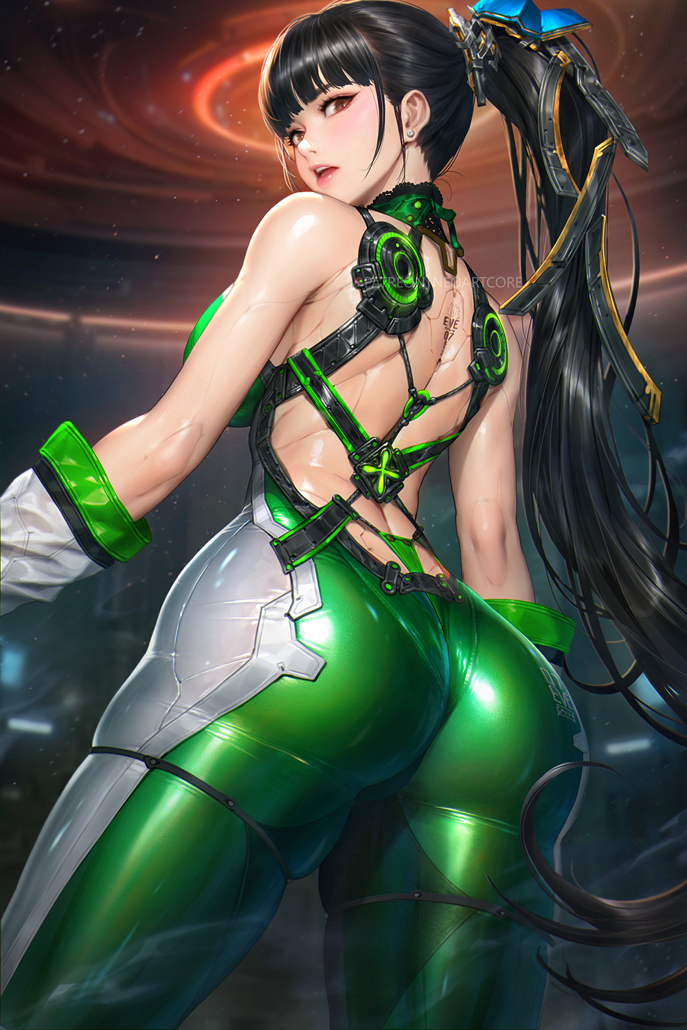 ass back_cutout black_hair bodysuit brown_eyes clothing_cutout eve_(stellar_blade) from_behind green_bodysuit highres looking_at_viewer looking_back neoartcore open_mouth planet_diving_suit_(7th)_(stellar_blade) ponytail sleeveless sleeveless_bodysuit standing stellar_blade teeth toned toned_female two-tone_bodysuit upper_teeth_only