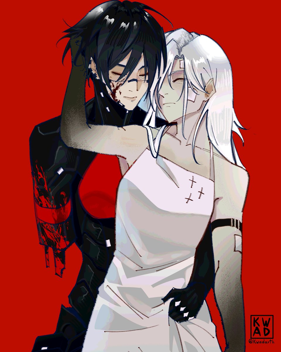 1girl 2girls amputee android ariane_yeong black_hair blood camisole closed_eyes cyberpunk dress elster_(signalis) highres hug joints kwadarth long_hair metal_skin multiple_girls red_background robot_girl robot_joints science_fiction shirt short_hair signalis simple_background smile torn_clothes torn_sleeves white_hair white_shirt yuri
