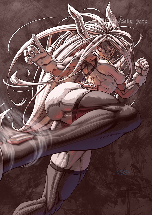 1girl abs ass boku_no_hero_academia crescent_print dark-skinned_female dark_skin eye_trail fighting_stance gloves grin heattech_leotard highleg highleg_leotard kicking leotard light_trail long_eyelashes mirko muscular muscular_female muscular_legs musualr_arms rabbit_ears rabbit_girl rabbit_tail red_eyes sleeveless sleeveless_turtleneck sleeveless_turtleneck_leotard smile solo taut_leotard thick_thighs thighs turtleneck uchiha_jake white_gloves white_hair
