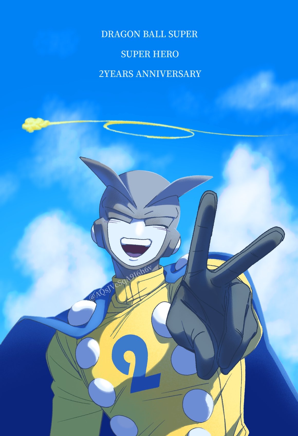 1boy android anniversary aqsjvcsqa9j6h6v blue_cape cape cloud colored_skin copyright_name dragon_ball dragon_ball_super dragon_ball_super_super_hero fins flying_nimbus gamma_2 grey_skin halo head_fins highres male_focus no_eyebrows number_print shirt solo twitter_username upper_body v yellow_halo yellow_shirt
