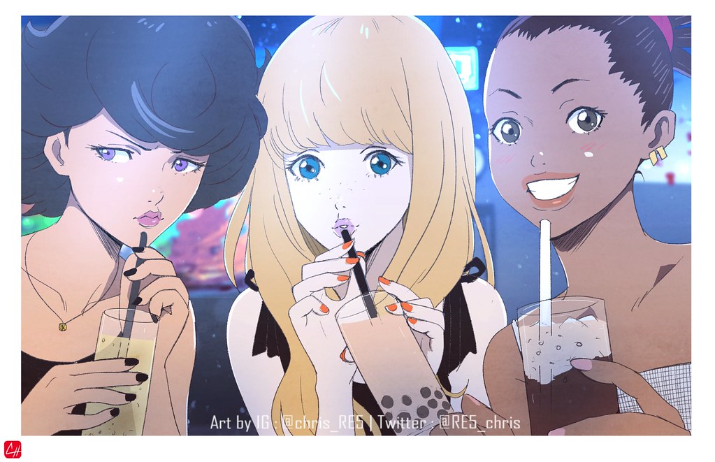 3girls angela_carpenter bare_shoulders black_hair black_nails blonde_hair blue_eyes border brown_eyes brown_hair bubble_tea carole_&amp;_tuesday carole_stanley chris_re5 dark-skinned_female dark_skin drinking_straw earrings glass grin jewelry multiple_girls nail_polish necklace orange_nails photo-referenced pink_nails purple_eyes purple_lips signature smile tuesday_simmons white_border