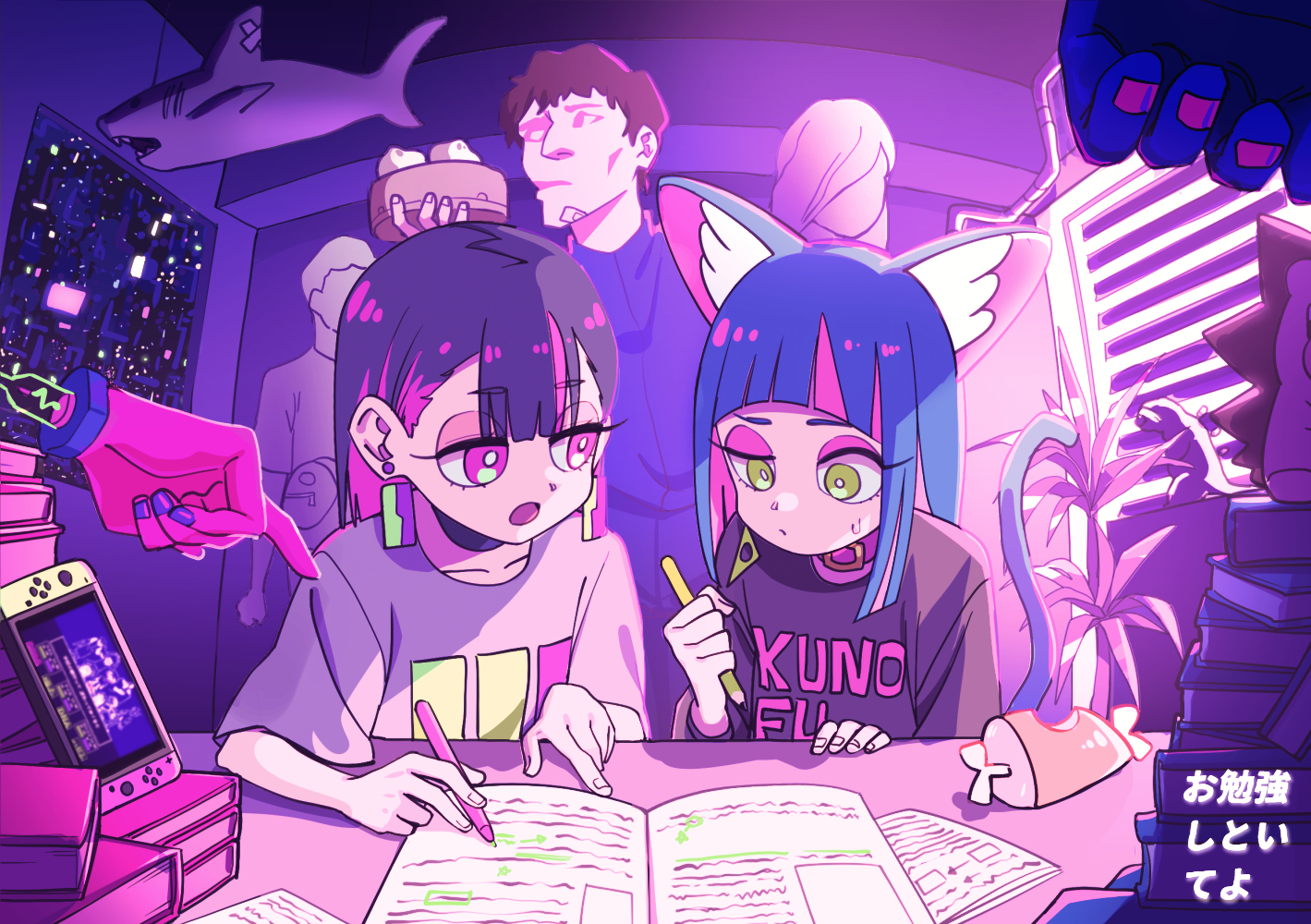 2020 2girls animal_ears black_choker black_shirt blue_hair blunt_bangs book cat_ears cat_girl cat_tail choker clothes_writing colored_inner_hair deadnooodles dumpling ear_piercing earrings faceless faceless_male food game_console green_eyes grey_shirt holding holding_pen holding_pencil jewelry kung-fu-piggy multicolored_hair multiple_girls nira-chan notebook obenkyou_shitoiteyo official_style open_mouth parody pen pencil piercing pink_eyes purple_hair purple_theme sammy_(kung-fu-piggy) shark shirt song_name streaked_hair studying style_parody tail triangle_earrings two-tone_hair zutto_mayonaka_de_ii_no_ni