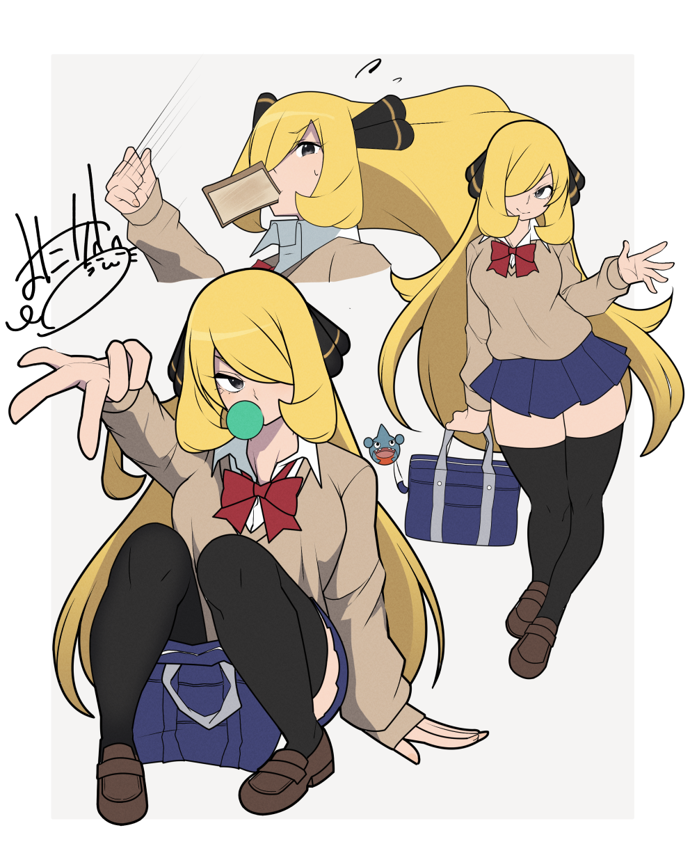 1girl alternate_costume bag_charm black_thighhighs blonde_hair blowing_bubbles blue_bag bow bowtie bread bread_slice brown_shoes brown_sweater charm_(object) chewing_gum closed_mouth collared_shirt commentary_request cynthia_(pokemon) food food_in_mouth gen_4_pokemon gible hair_ornament hair_over_one_eye hand_up highres holding inward_v long_hair long_sleeves mituyota_76 mouth_hold nintendo pokemon pokemon_dppt red_bow red_bowtie school_uniform shirt shoes smile standing sweater thighhighs toast toast_in_mouth v white_background white_shirt zettai_ryouiki
