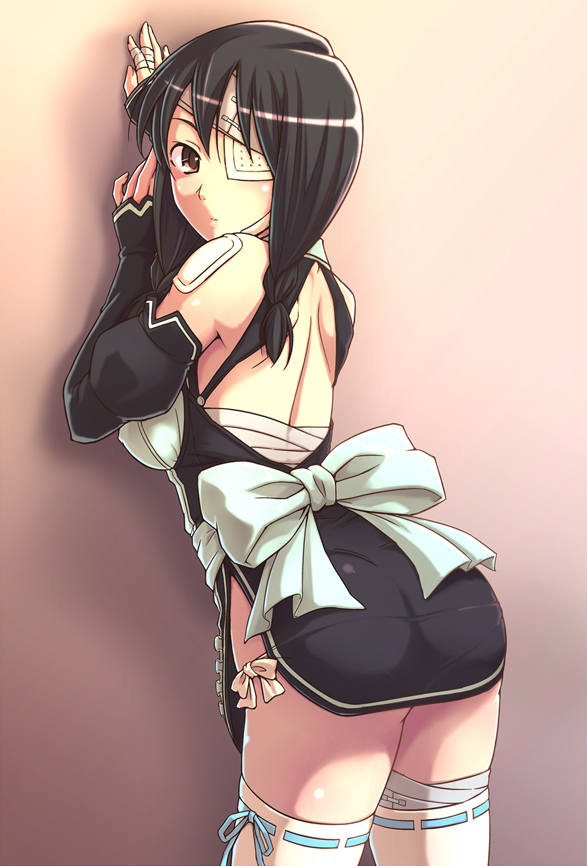 1girl against_wall ass bandage_over_one_eye bandages bare_shoulders black_hair braid breasts brown_eyes cosplay covered_erect_nipples dream_c_club dream_c_club_(series) e20 eyepatch female_focus futaba_riho futaba_riho_(cosplay) gotou_yuuko kobushi_abiru long_hair looking_back lowleg lowleg_panties medium_breasts panties pantylines ribbon-trimmed_legwear ribbon_trim sayonara_zetsubou_sensei side-tie_panties side_slit solo thighhighs twin_braids twintails underwear voice_actor_connection waitress white_thighhighs