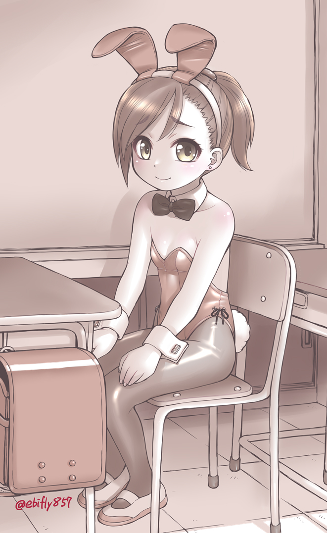 1girl animal_ears backpack bag black_bow bow breasts chair classroom desk detached_collar ebifly embarrassed fake_animal_ears indoors leotard looking_at_viewer original pantyhose playboy_bunny rabbit_ears rabbit_tail randoseru school_bag school_chair school_desk sepia shoes sitting small_breasts solo strapless strapless_leotard tail twitter_username uwabaki